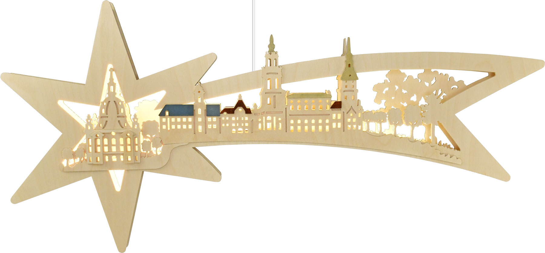 Fensterbild, beleuchtet, Sternschweif, Dresden, farb. Dächer