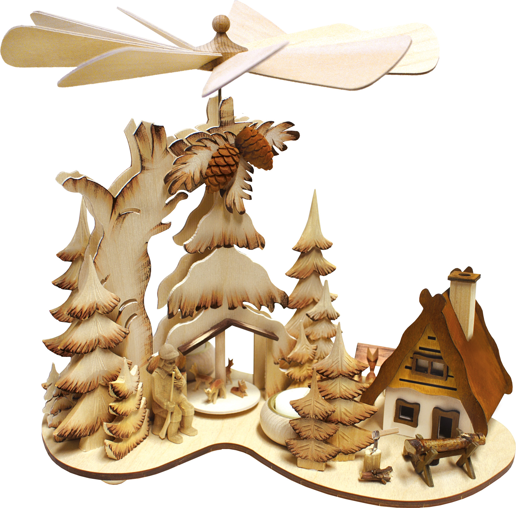 Tannenpyramide, Waldmann und Rehe, mit Räucherhaus, handbemalt, braun