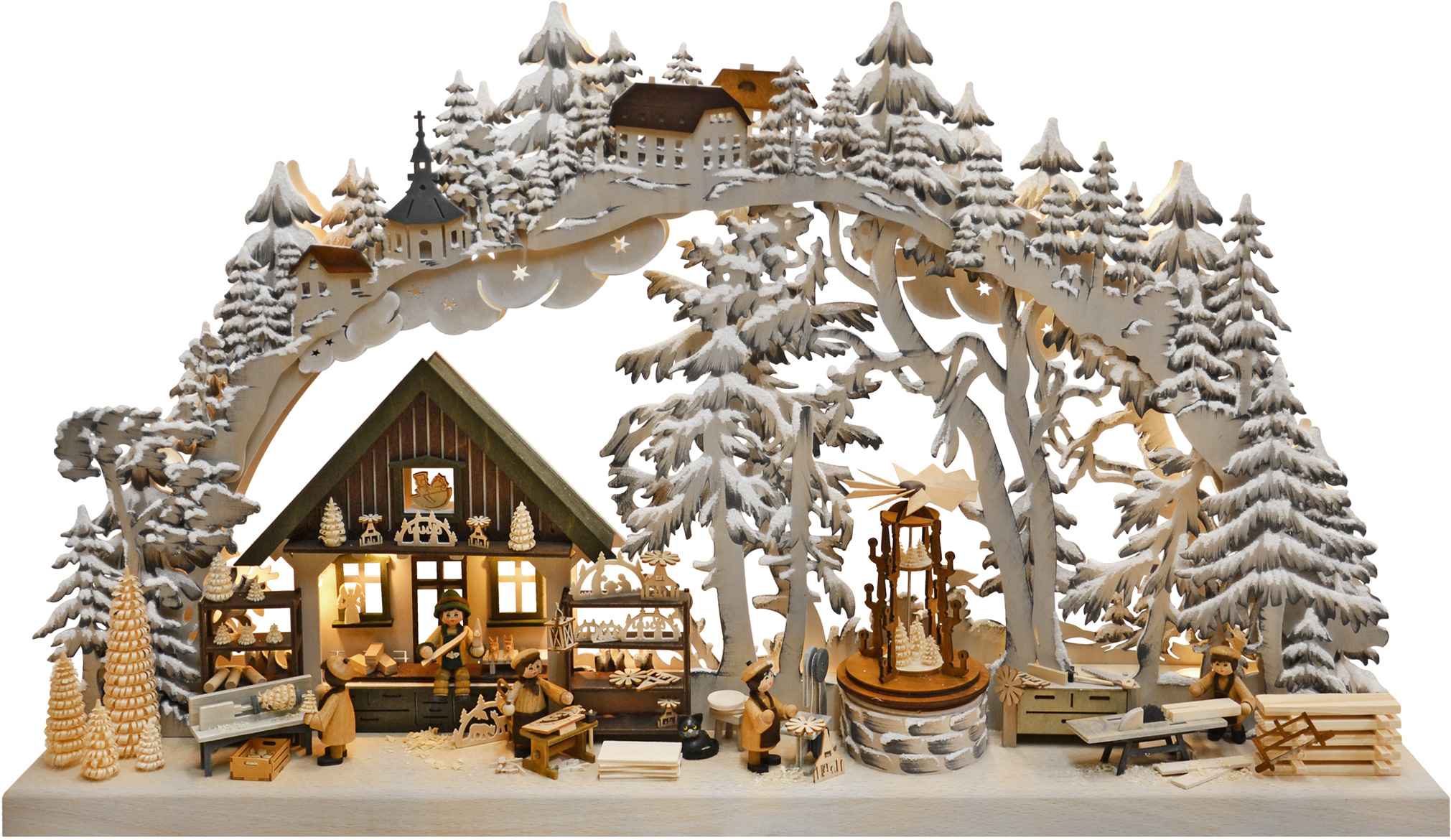 3D-Schwibbogen groß, erzgeb. Kunsthandwerk, handbemalt grau, Raureif,