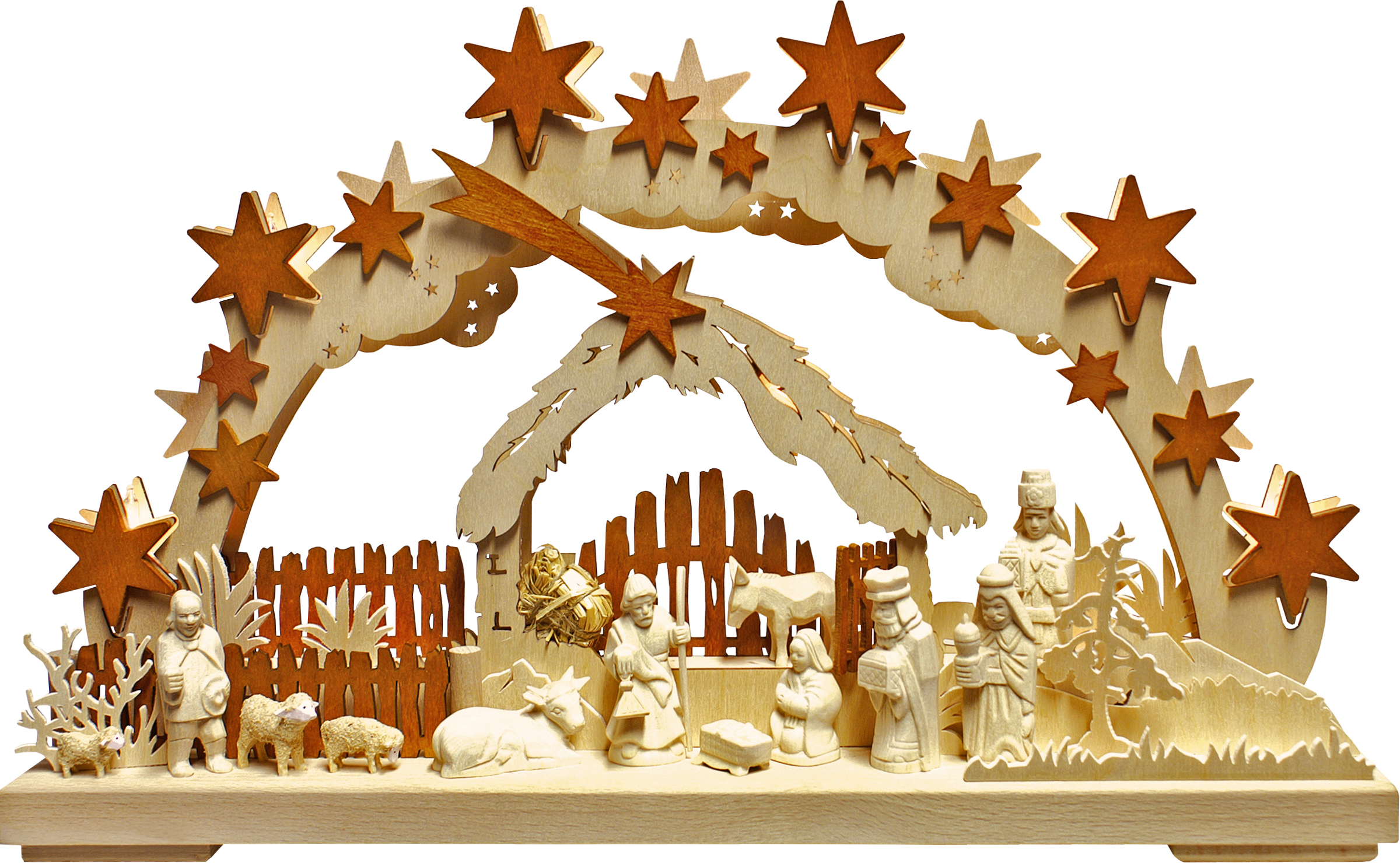 3D-Schwibbogen klein, Morgenland, geschnitzte Figuren, natur,braune Sterne