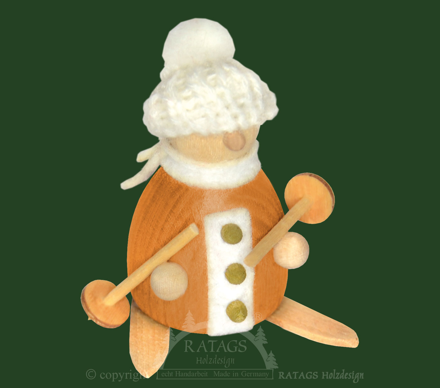 Snow-Molli auf Ski, weiße Strickmütze