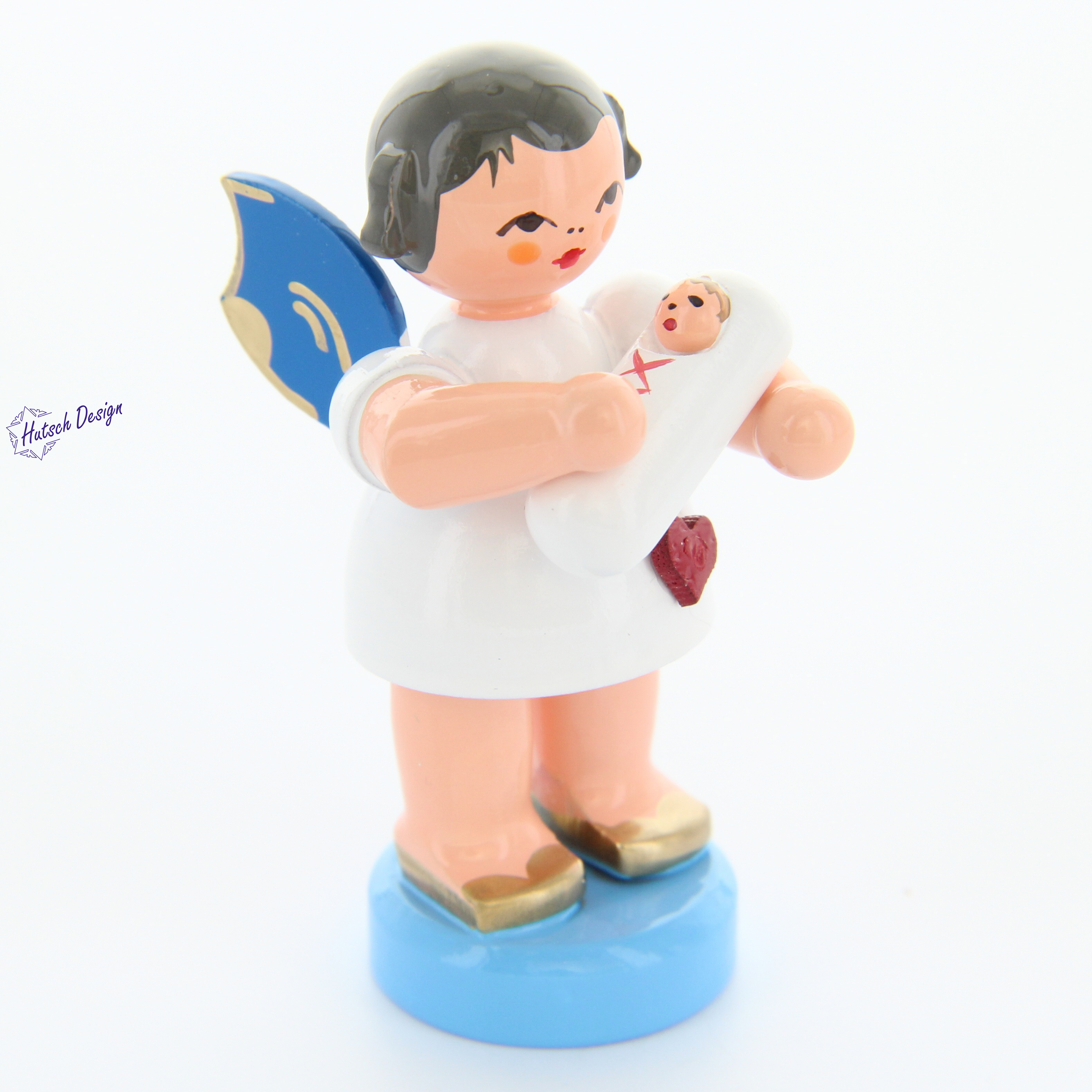 Herzengel stehend mit Baby Mädchen, blaue Flügel