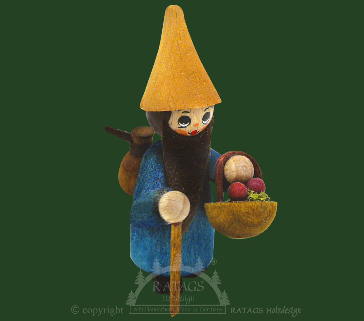Figur, Zwerg mit Rucksack, Korb,Stock, blau