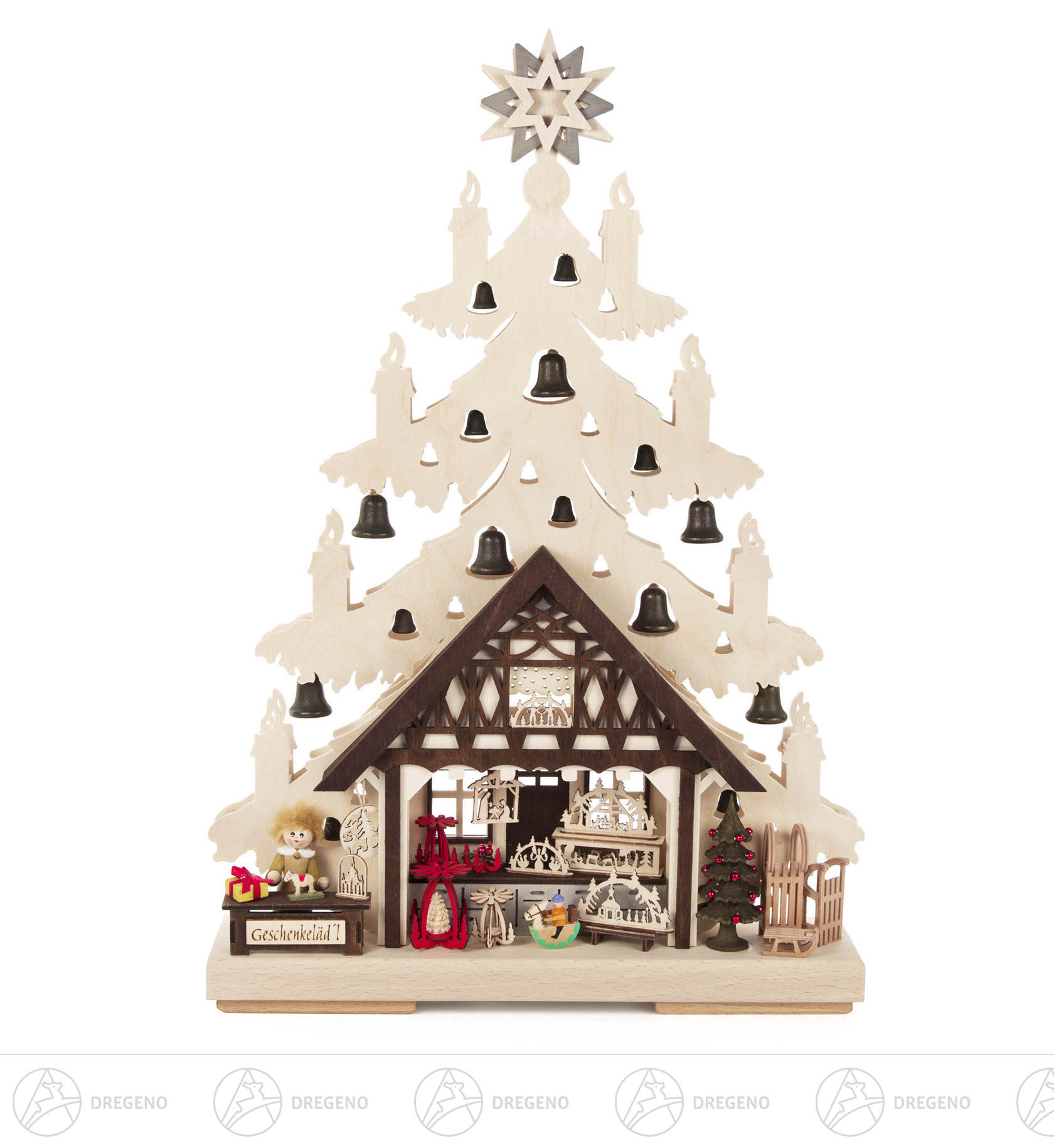 Schwibbogen Tanne Geschenkelädle klein mit LED-Beleuchtung 45x32cm