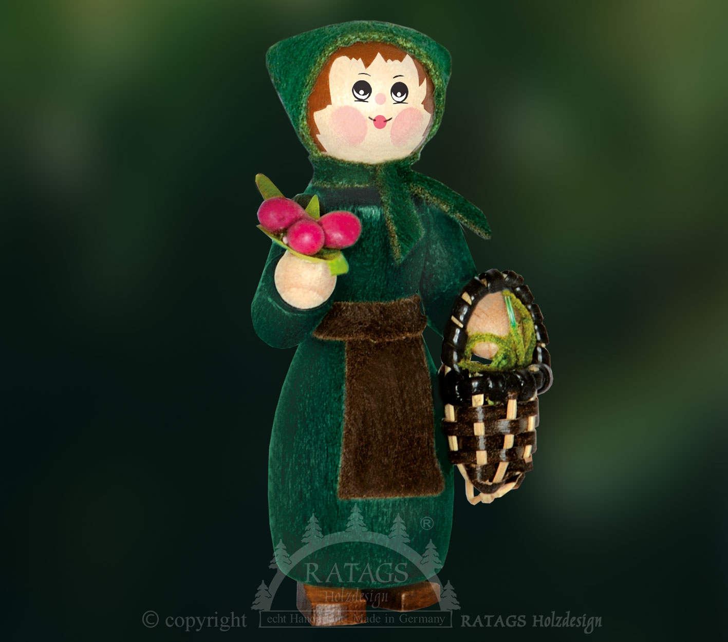 Figur, Försterin mit Korb und Beeren, tannengrün