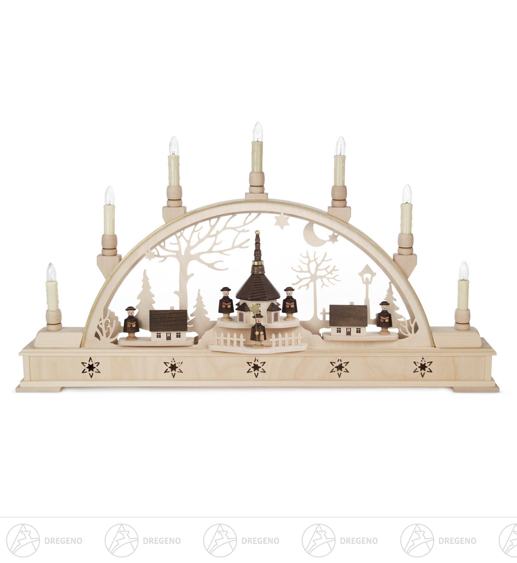 Schwibbogen mit Seiffener Dorf und Kurrende, elektrisch beleuchtet 36x64cm