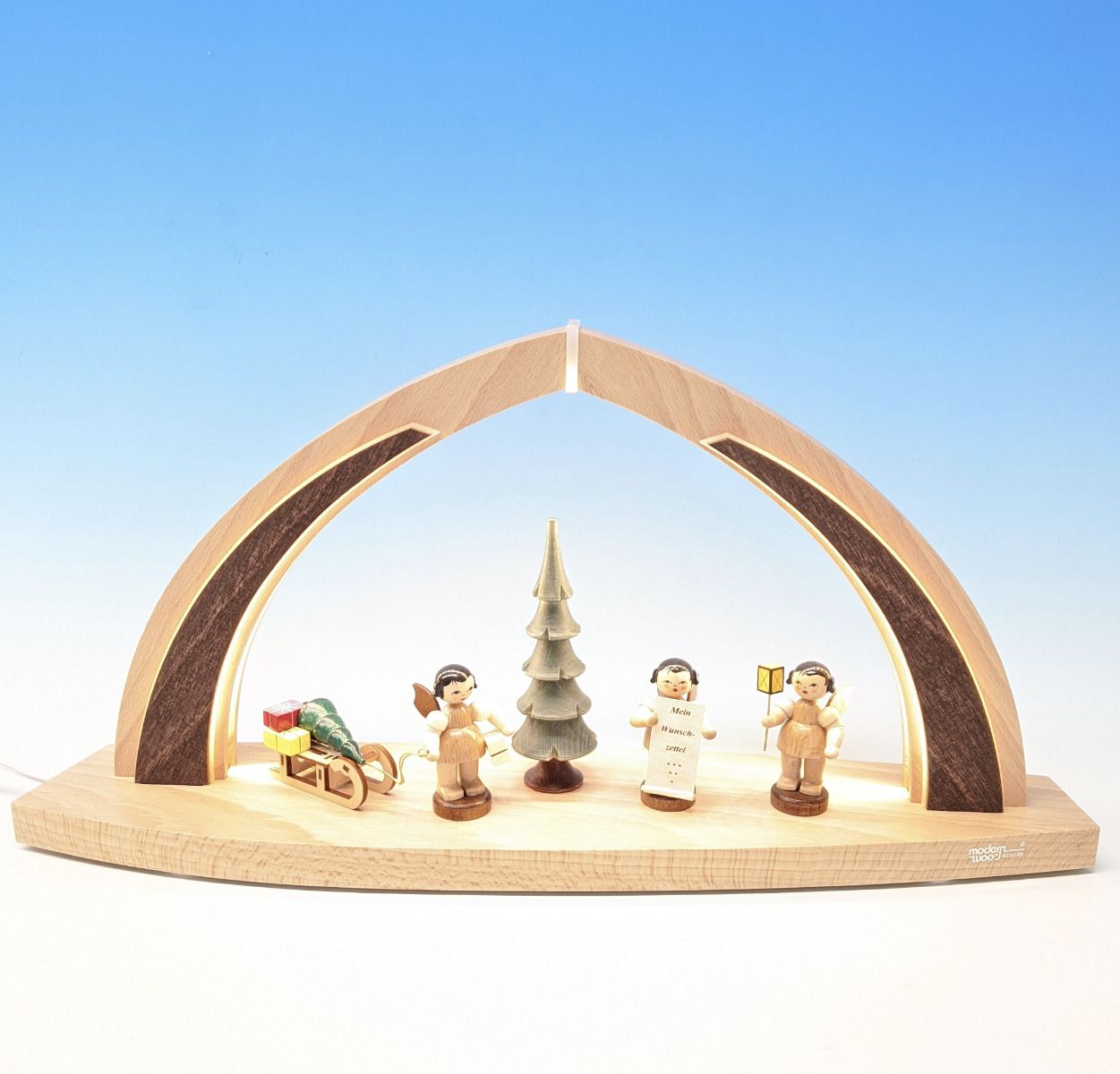 Schwibbogen LED Beleuchtung klein, Engel natur-1, 3 Engel, Baum, Schlitten