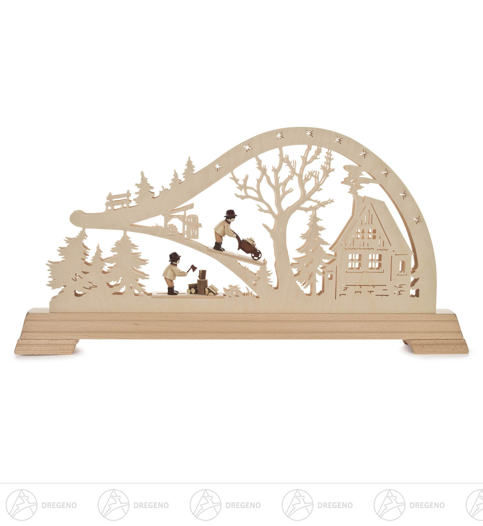 Schwibbogen Waldhütte mit Waldarbeiter und LED Beleuchtung 32x63cm