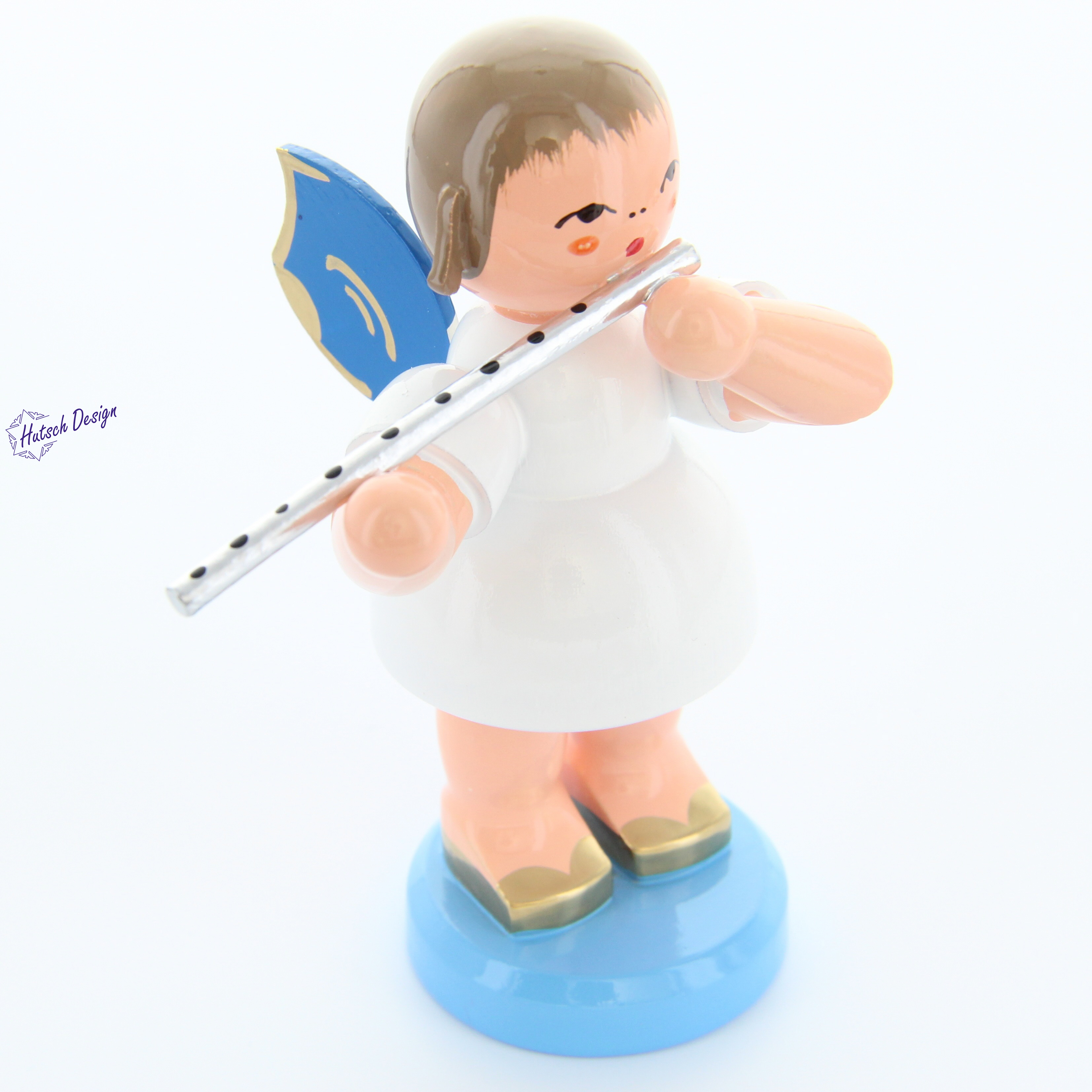 Engel stehend groß mit Querflöte, blaue Flügel