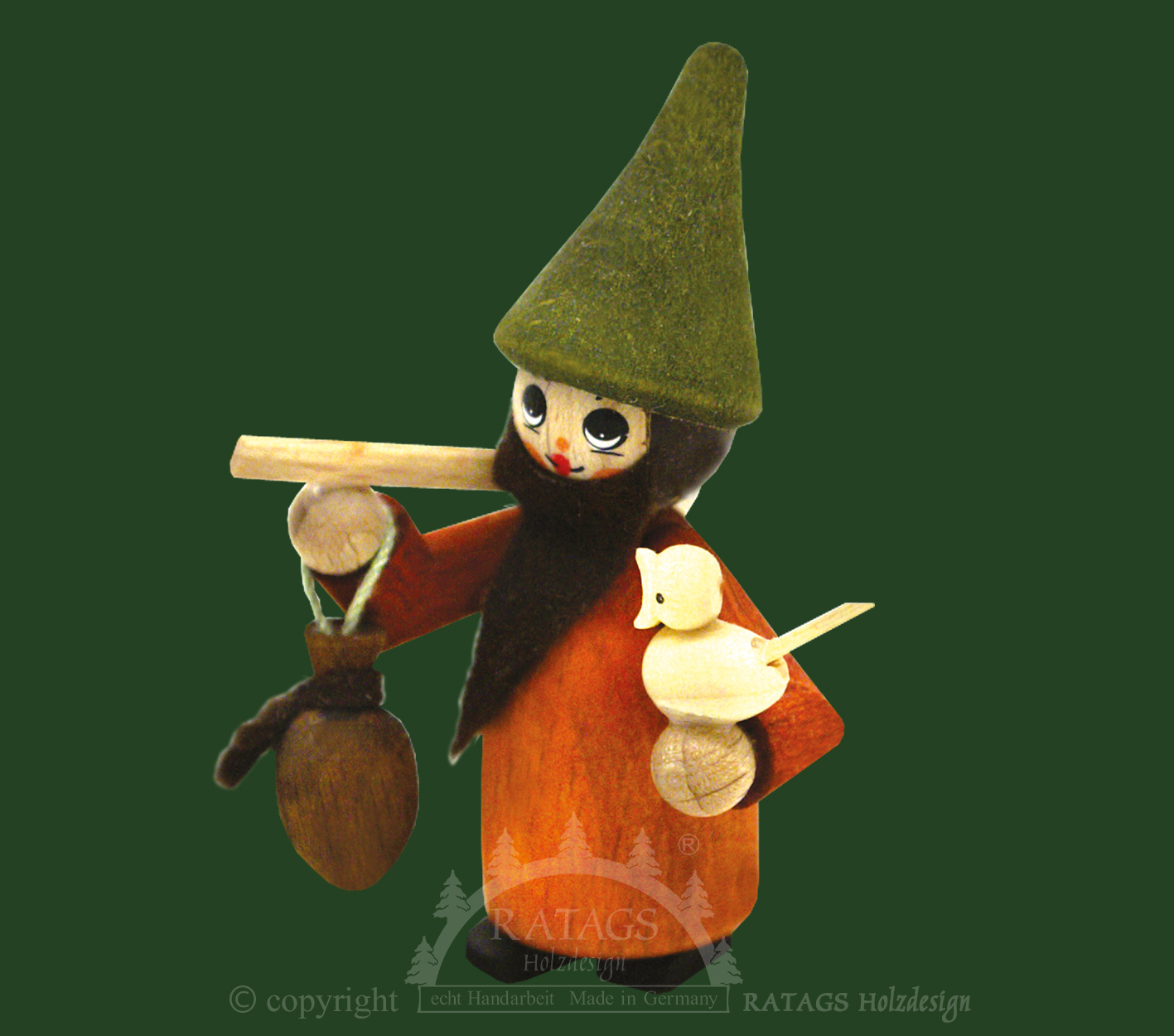 Figur, Zwerg mit Handbeutel, Axt, Vogel