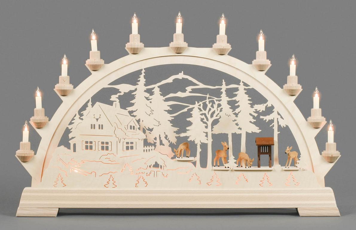 Schwibbogen mit Forsthaus und Rehen, elektrisch beleuchtet