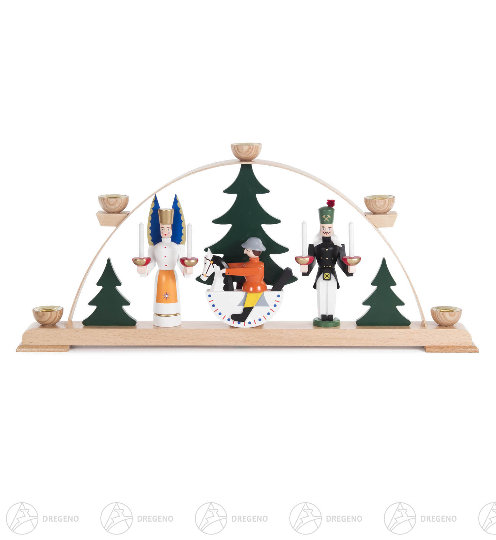 Schwibbogen mit Engel, Bergmann und Reiterlein, farbig, für Kerzen d14m 20 x45cm