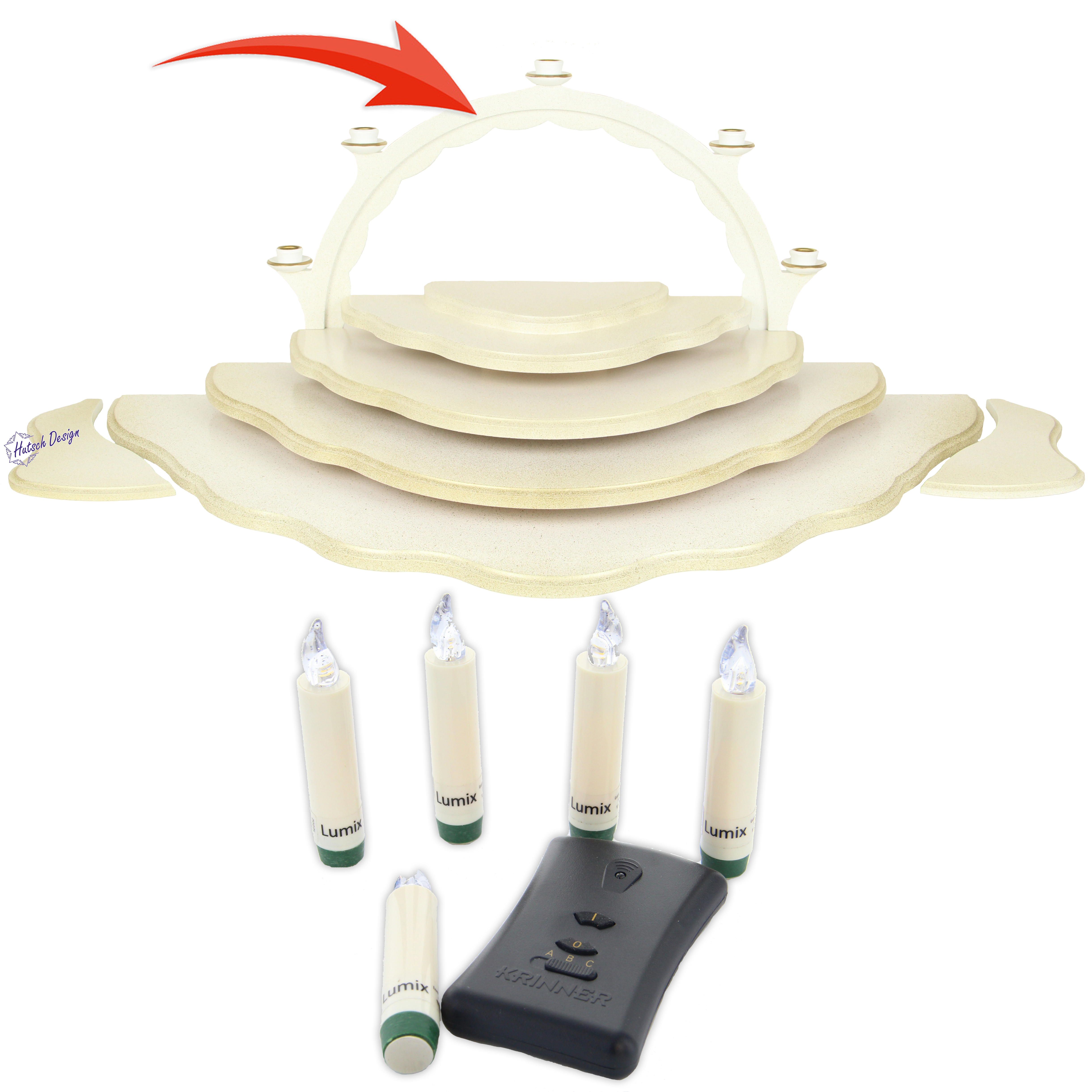 Schwibbogen, weiß/gold, zum anschrauben an Etage 3, mit LED-Beleuchtung