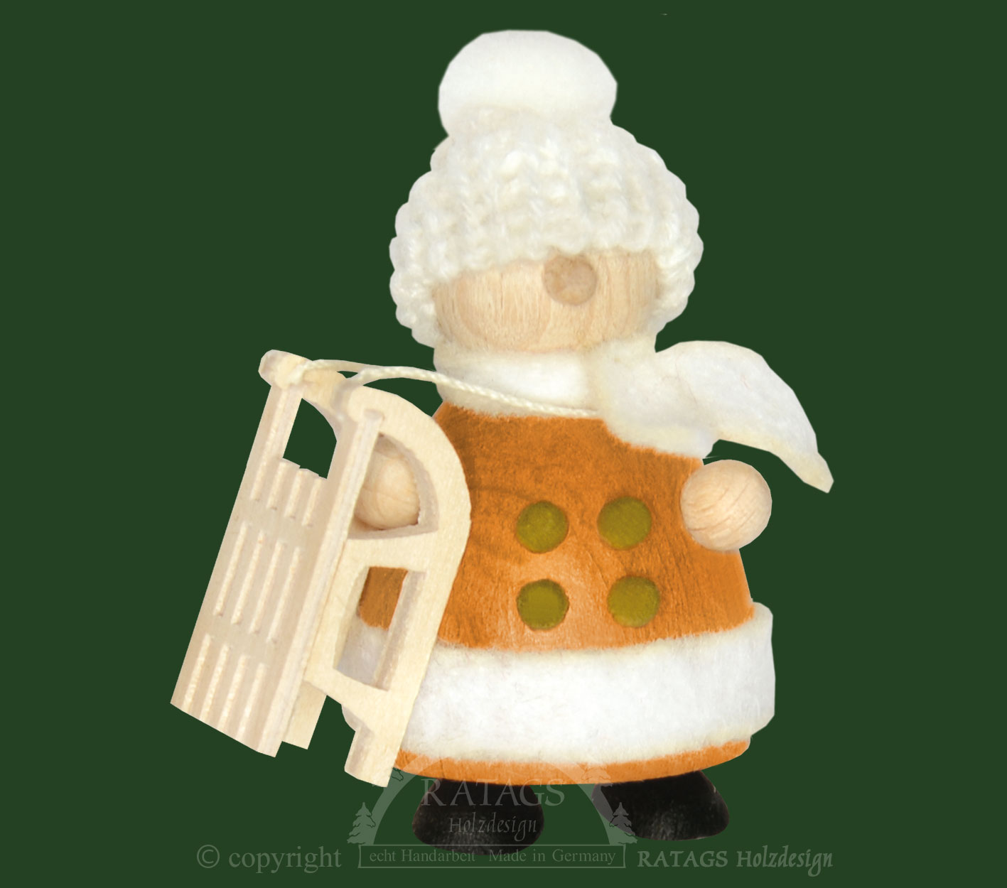 Snow-Molli mit Schlitten, weiße Strickmütze