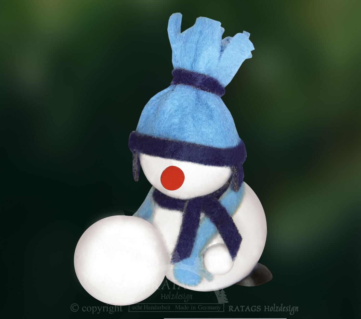 Schneemann mit Schneekugel, blaue Mütze
