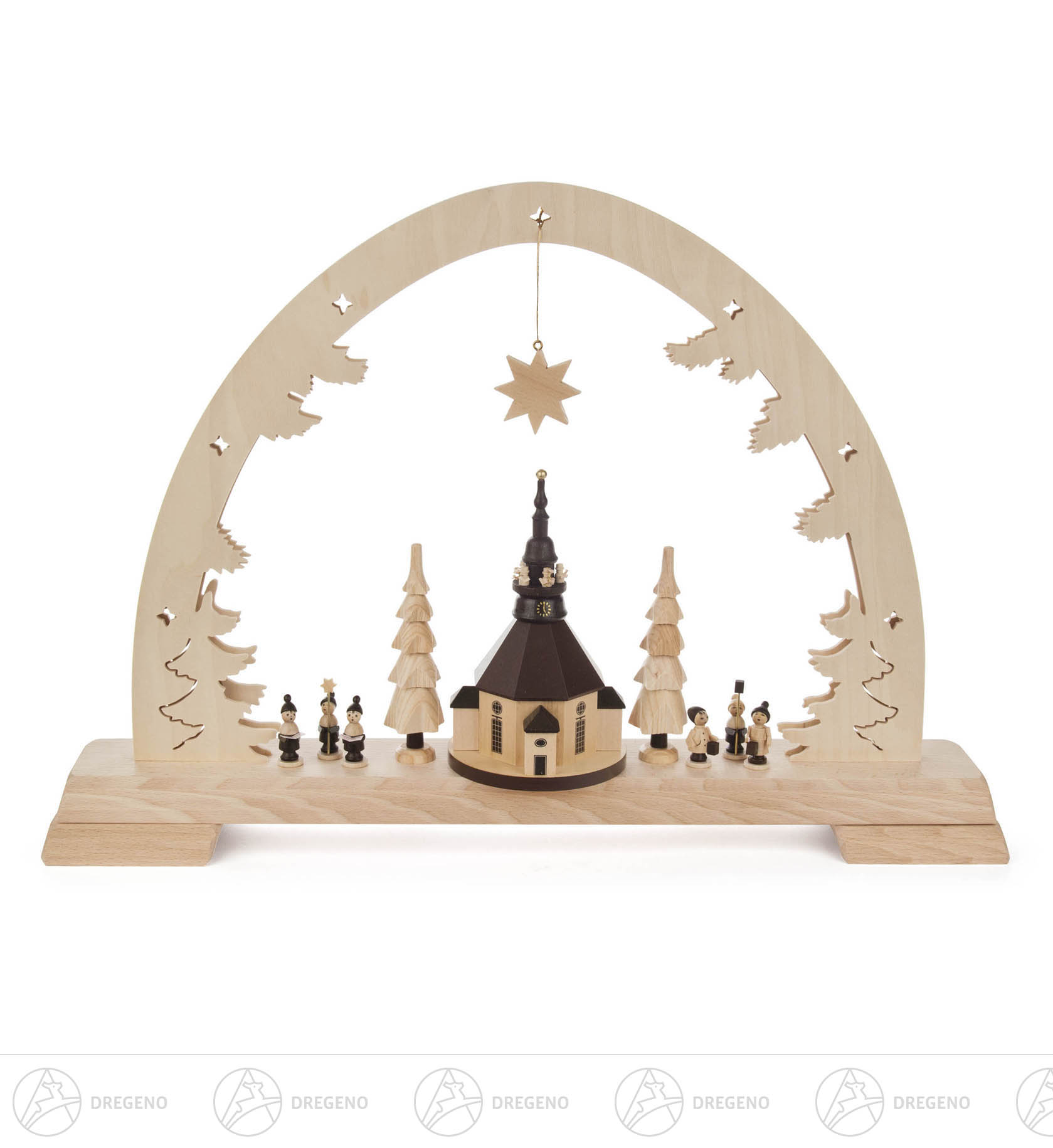 Schwibbogen mit Seiffener Kirche mit LED Beleuchtung   -exclusiv- Netzspannung: 100-240V 34x48cm