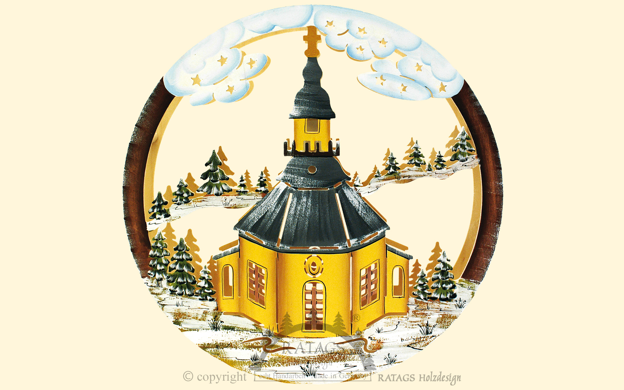 Fensterbild, beleuchtet, Kirche Seiffen, handbemalt winterlich