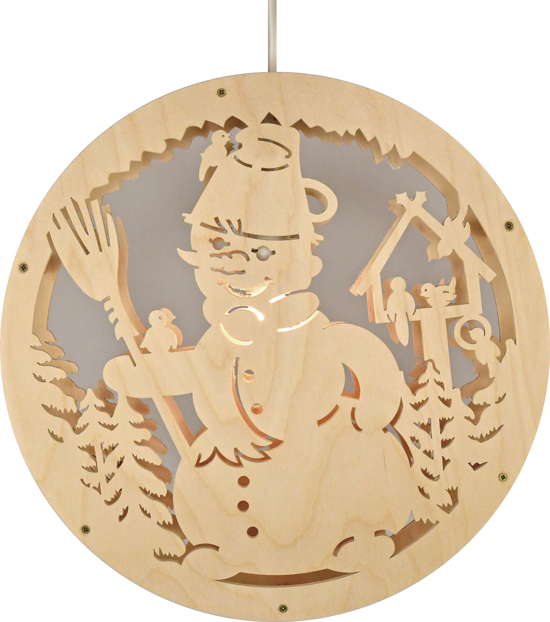Fensterbild, beleuchtet, Schneemann, Raureif