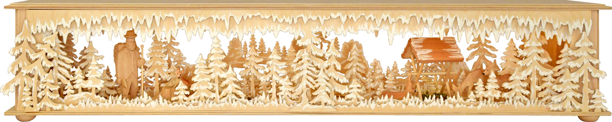 Raumleuchte gr., Wald, Waldmann mit Axt, Futterkrippe, Raureif