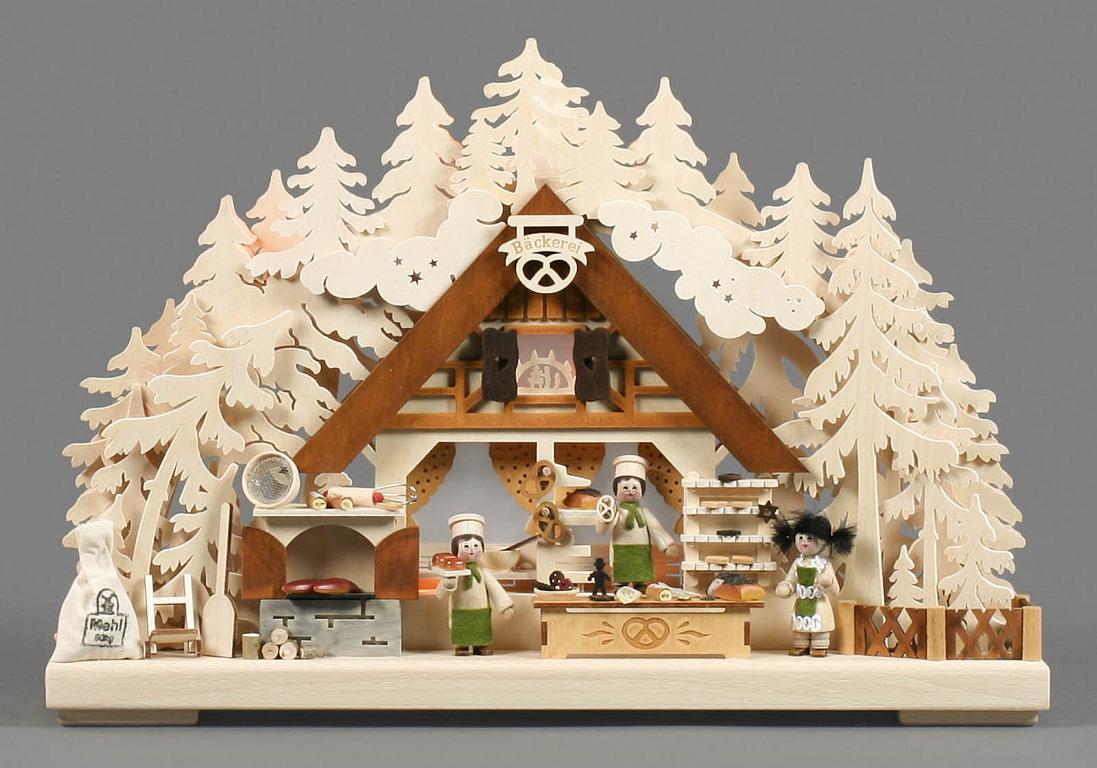 Schwibbogen Bäckerei klein, NEU indirekt elektrisch beleuchtet