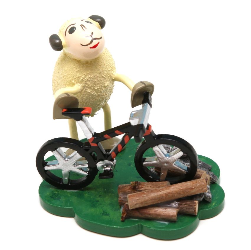 Schaf Bikey, mit Fahrrad