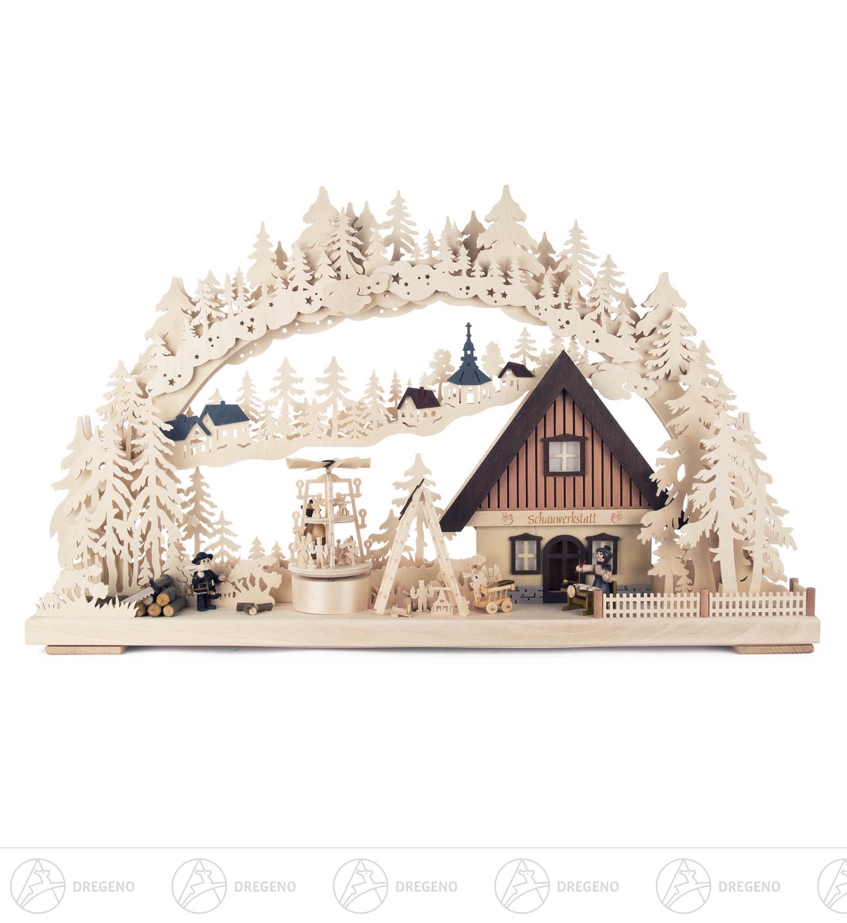 Schwibbogen Schauwerkstatt mit Pyramide elektr. beleuchtet 43x72cm