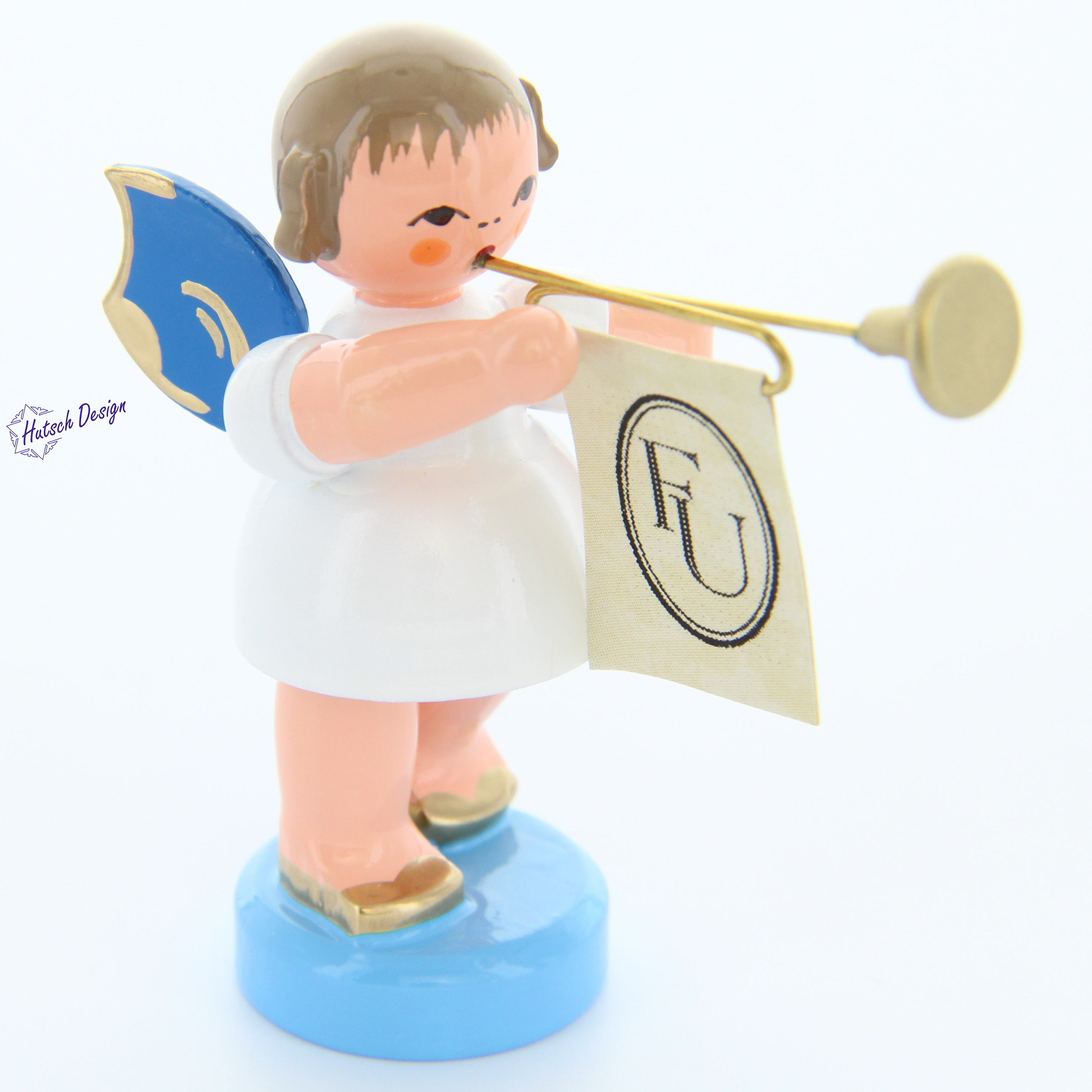 Engel stehend mit Fanfare, blaue Flügel