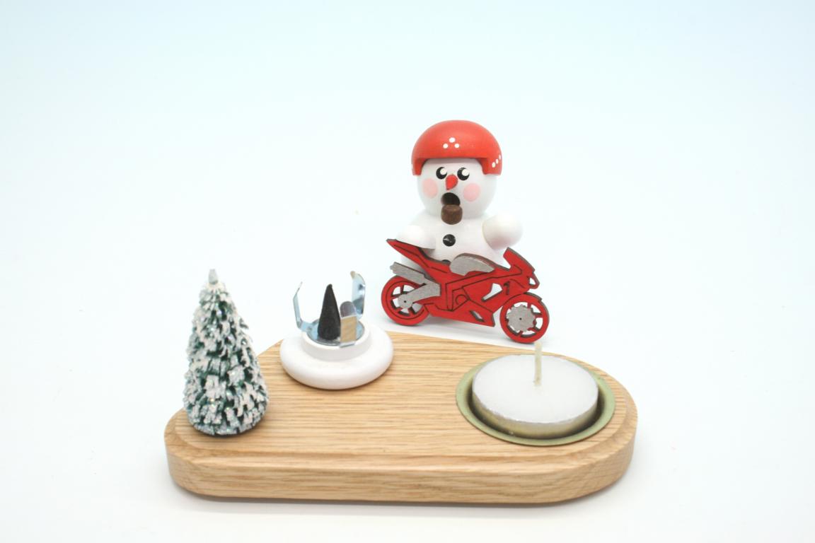 Kerzenhalter Biker weiß mit rotem Bike & Schild 8cm