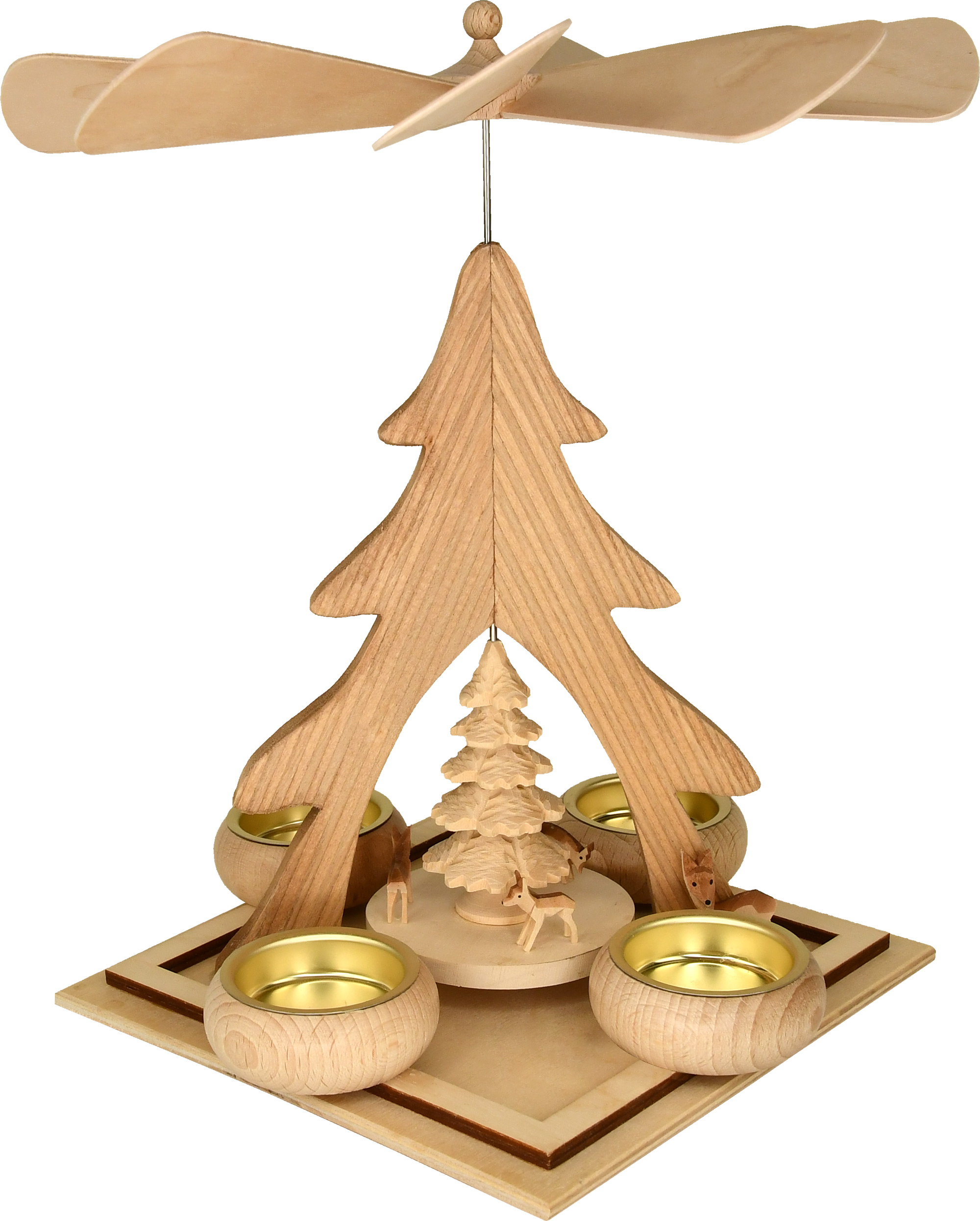 Massivholzpyramide, quadratisch, Baum mit 4 Rehen, 4 Teelichte