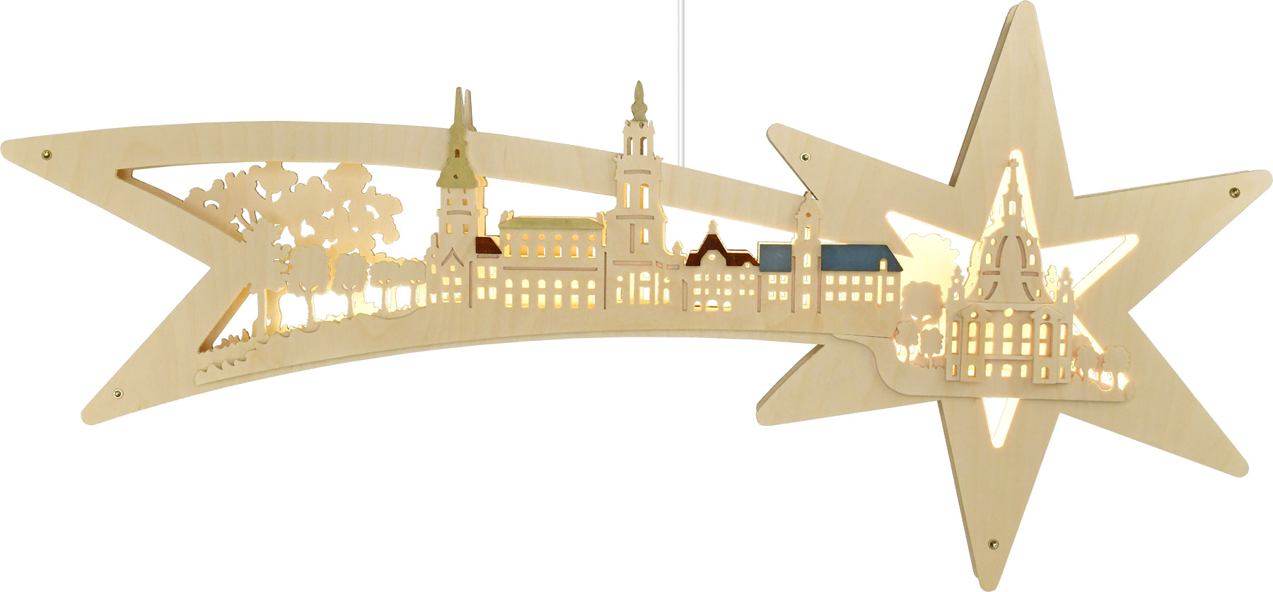 Fensterbild, beleuchtet, Sternschweif, Dresden, farb. Dächer