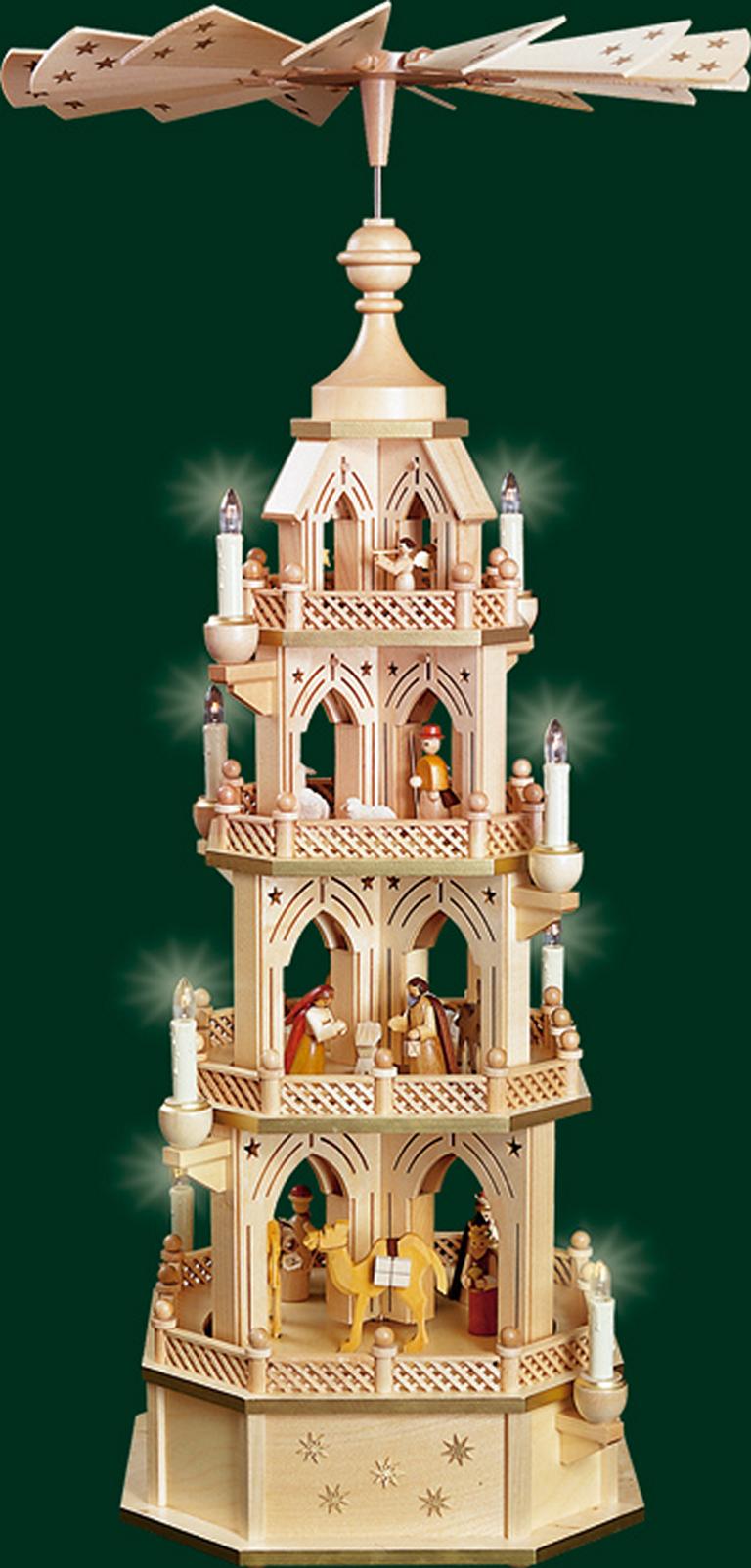 Pyramide Gotik, gesägt, Naturholz, Christi Geburt 4-st., el. bel. u. betr.