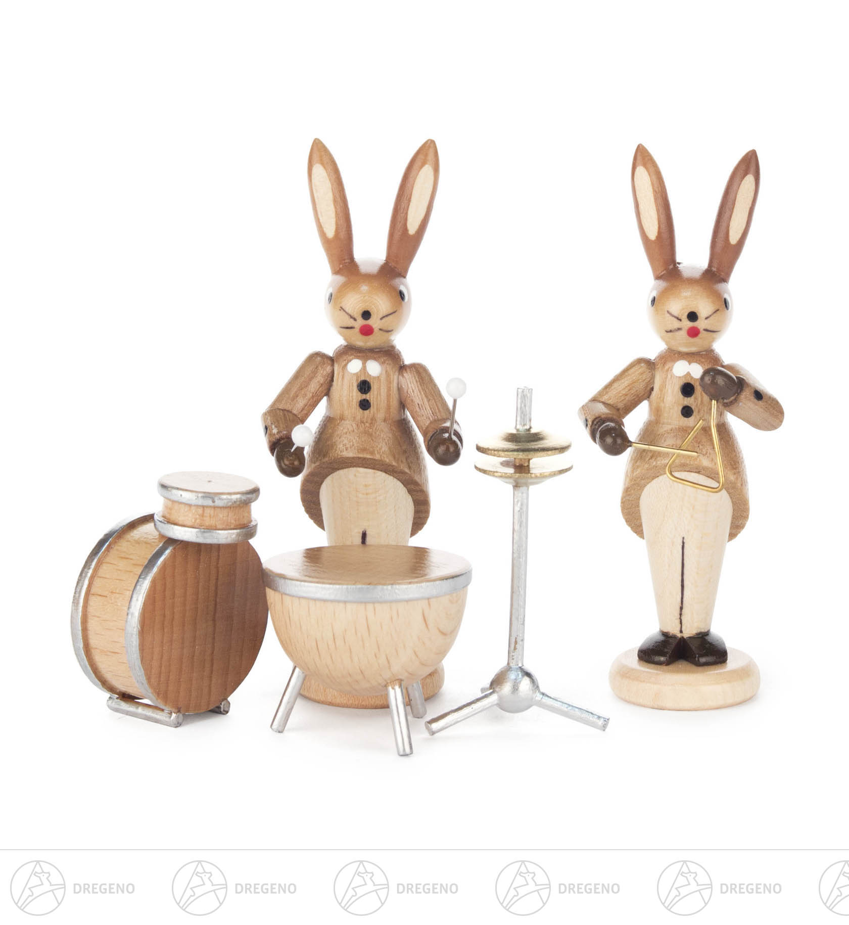 Hasenpaar mit Schlagzeug und Triangel, natur 8cm