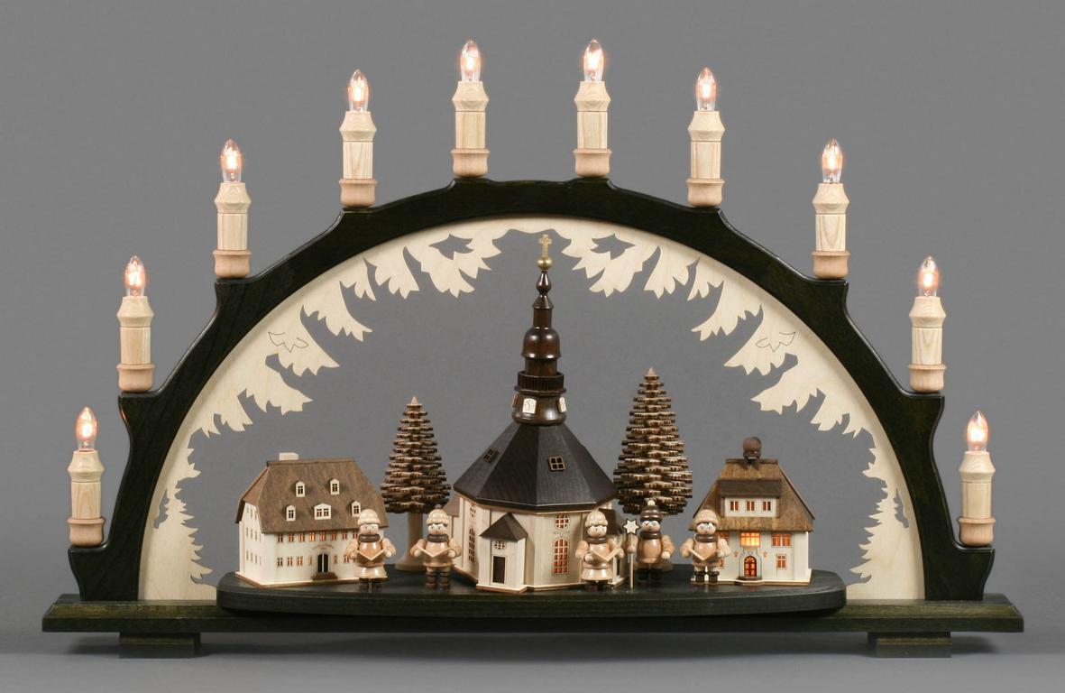 Schwibbogen schwarz mit Seiffener Dorf und Kurrende, mit LED Beleuchtung innenbeleuchtete Gebäude