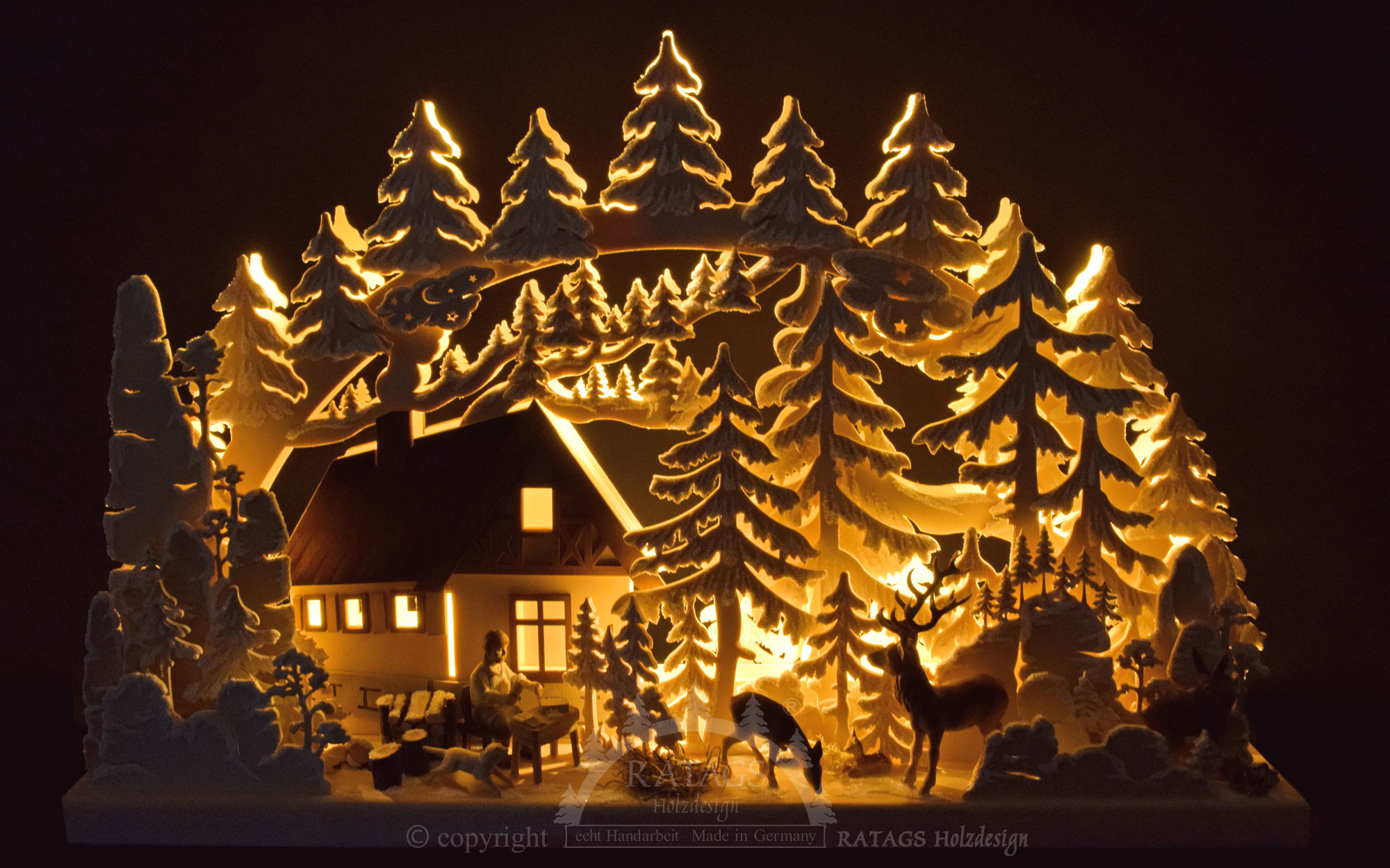 3D-Schwibbogen mittelgroß, Berghütte, Schnitzer, Raureif