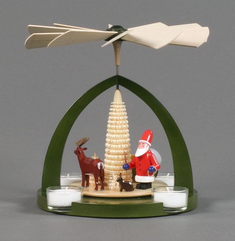 Pyramide mit Weihnachtsmann und Waldtieren, blau,  für Teelichte