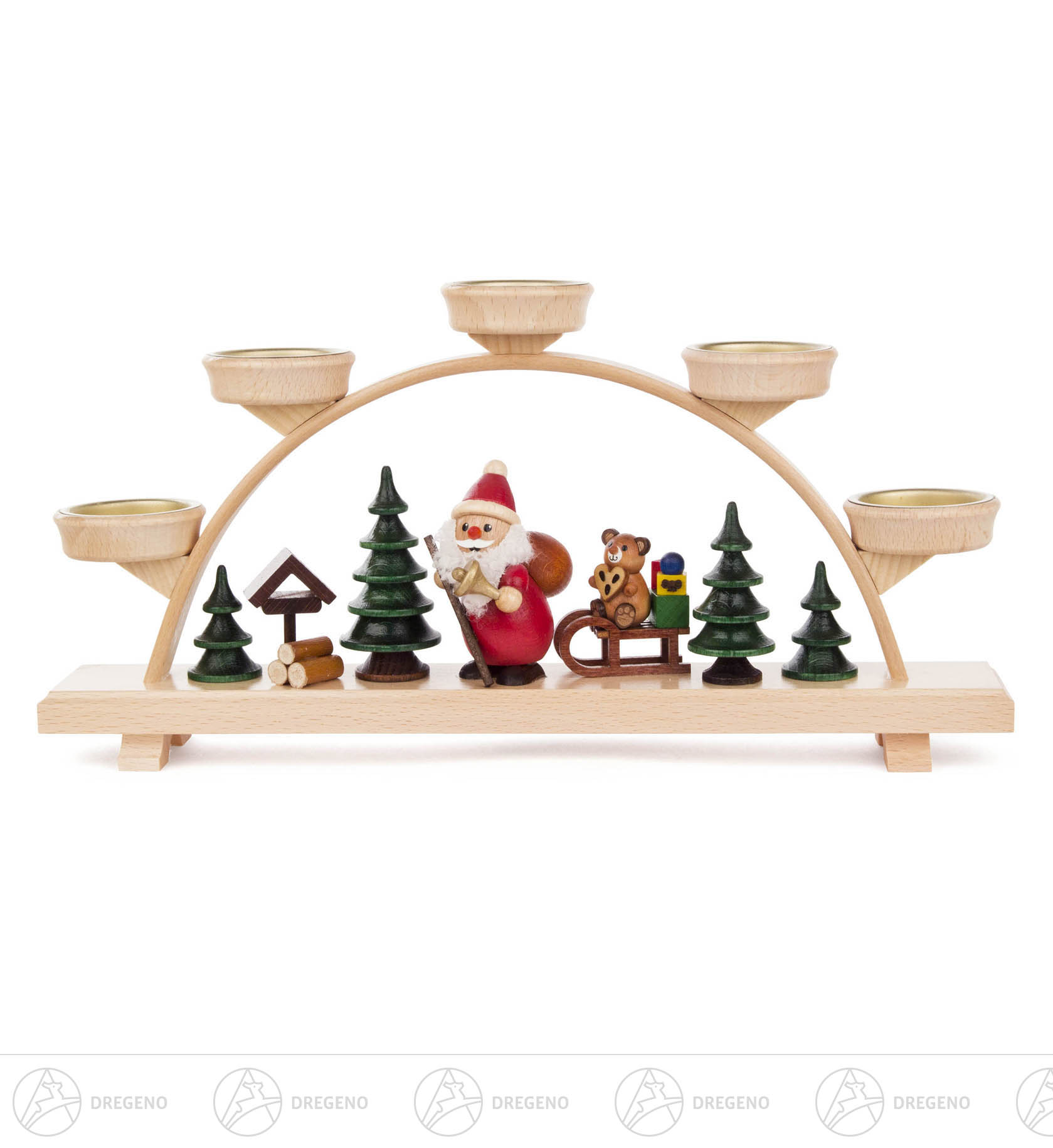 Schwibbogen mit Weihnachtsmann und Bär farbig für Teelichte 16x32cm