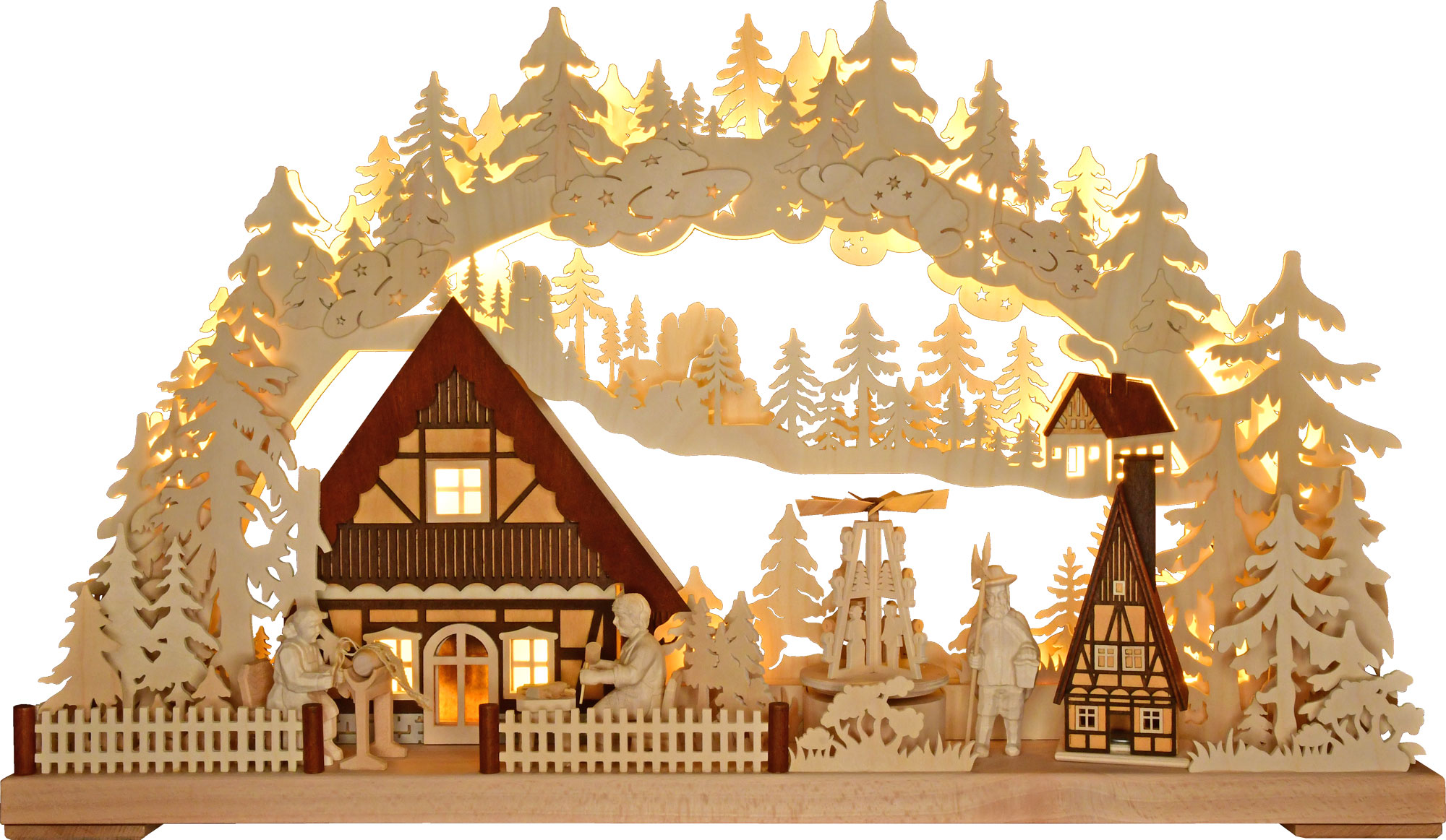 3D-Schwibbogen groß, Tradition Handwerk, mit Pyramide, Spielwerk, Räucherhaus