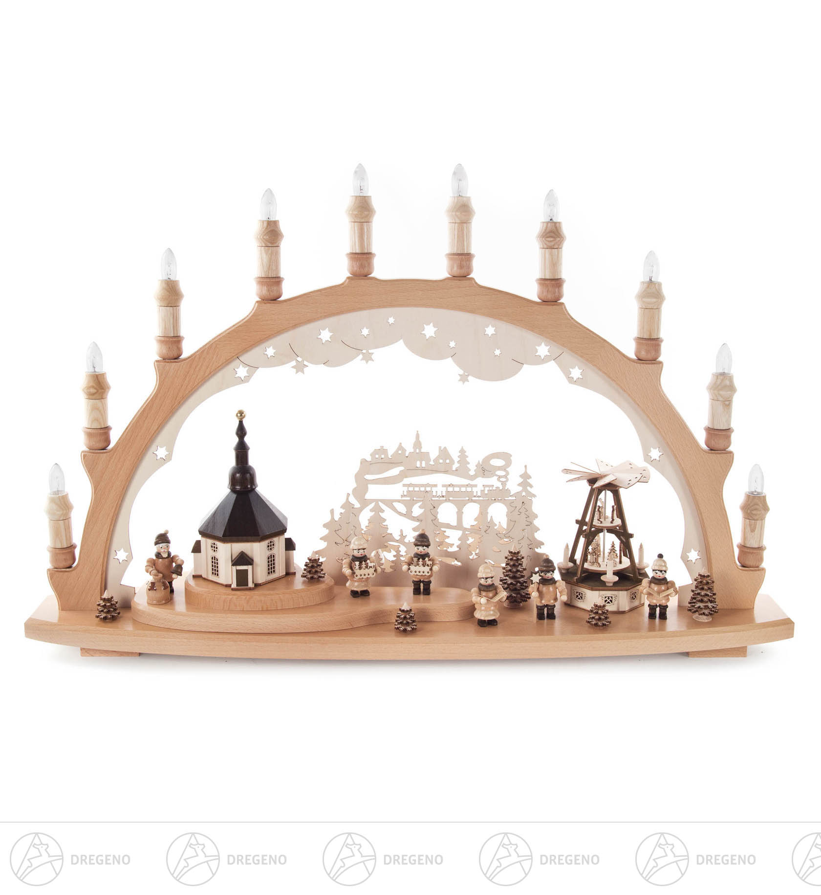 Schwibbogen mit Seiffener Kirche und Weihnachtsmarkt, elektrisch beleuchtet, mit Innenbeleuchtung 43x66cm