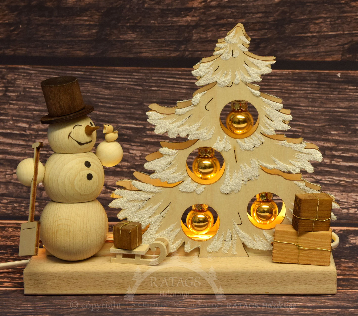 Tischschmuck Tannenbaum, Kugeln gold Raureif, Schneemann