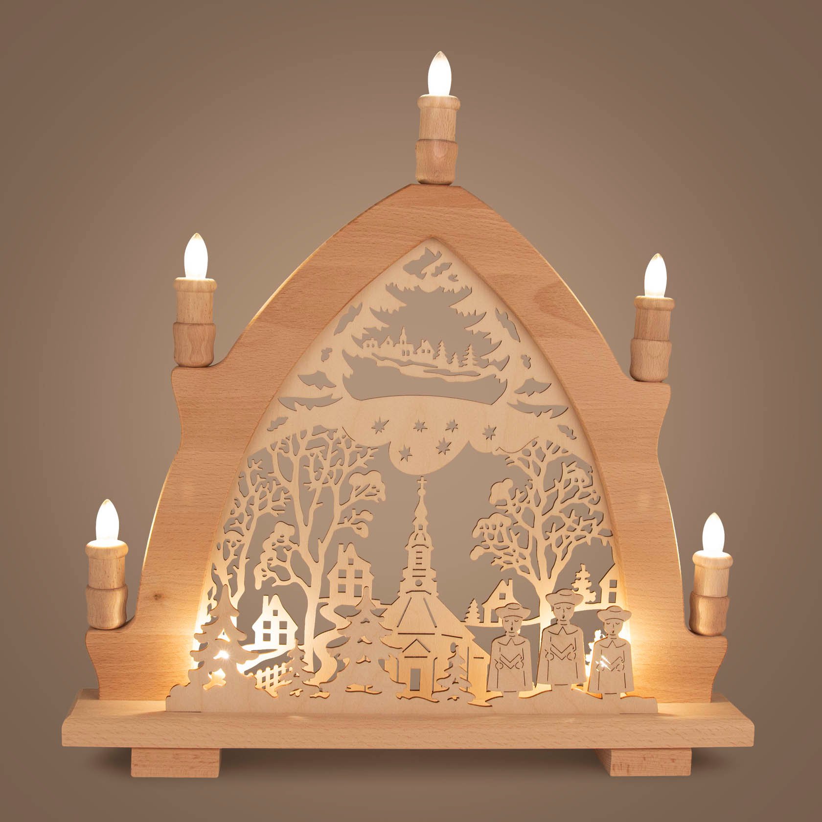 LED-Leuchterbogen Seiffener Kirche mit Innenbeleuchtung im Sockel 42x43cm