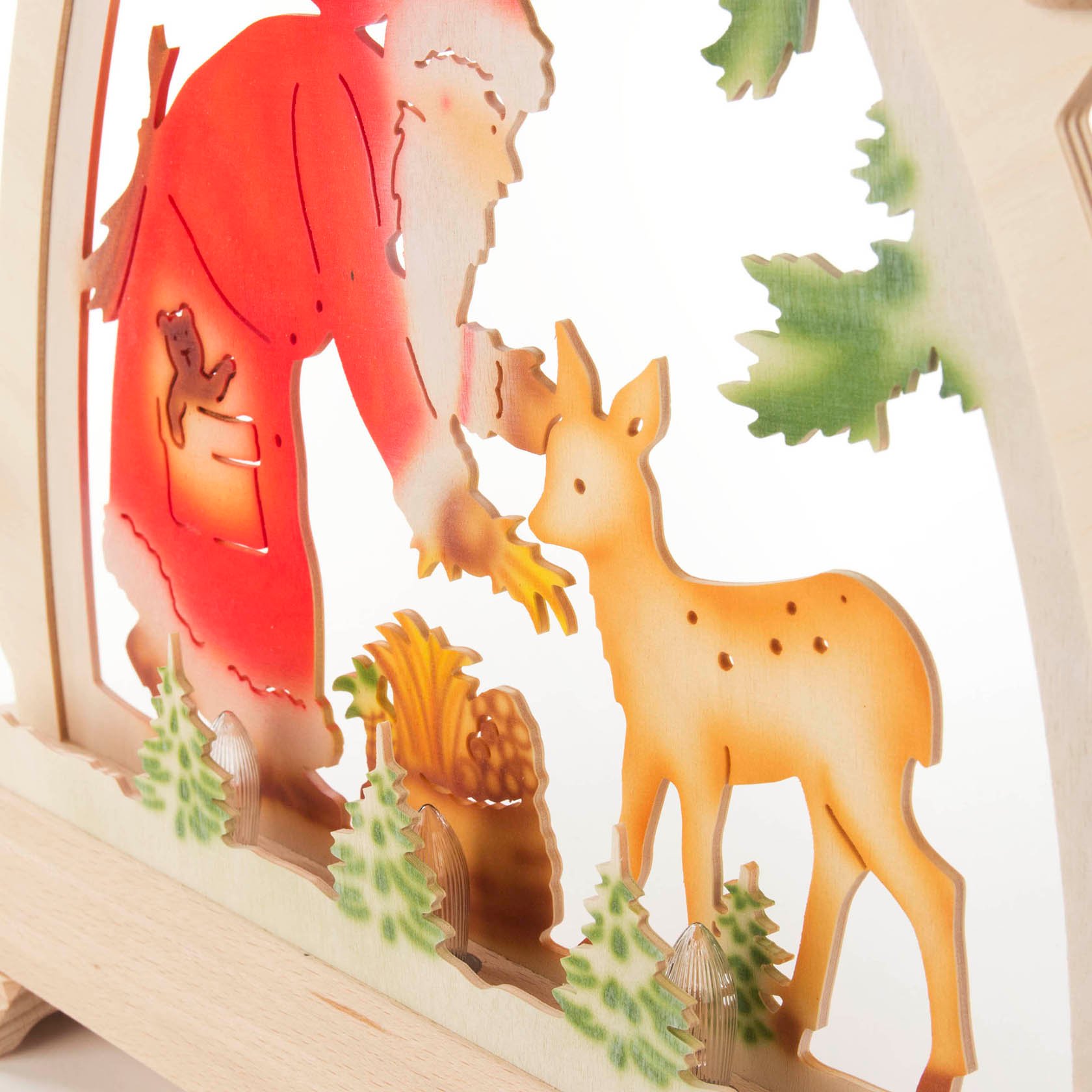 Rundbogen mit Weihnachtsmann und Reh farbig mit elektr.Beleuchtung 42x42cm