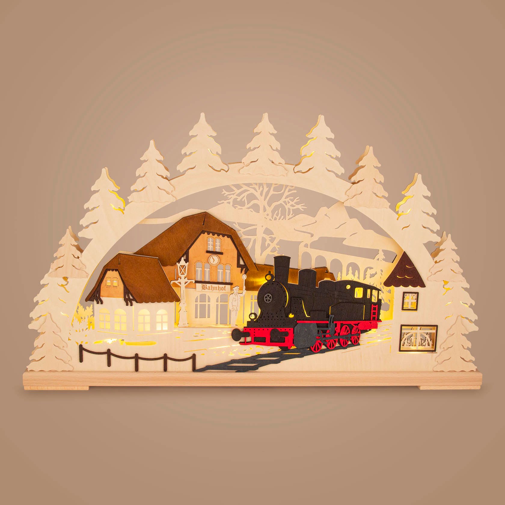 Schwibbogen Bahnhof mit Dampflock 20-teilige LED-Beleuchtung (Voll-USB) 43x72cm