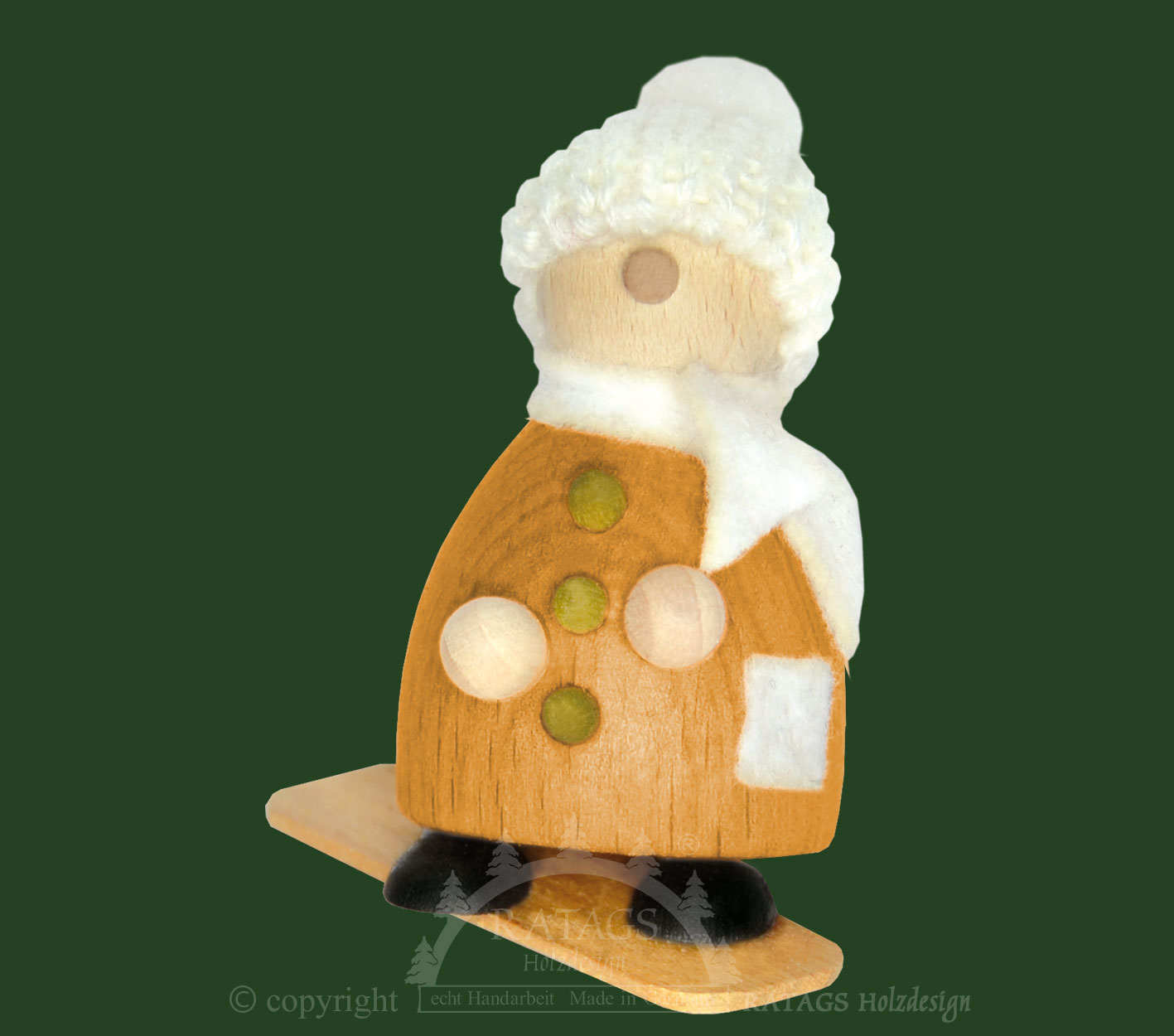 Snow-Molli auf Snowboard, weiße Strickmütze