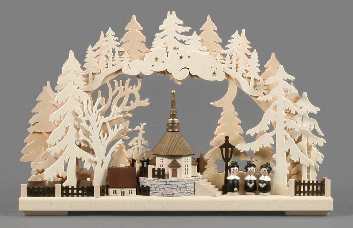 Schwibbogen Dorfkirche klein, indirekt elektrisch beleuchtet 29x43cm