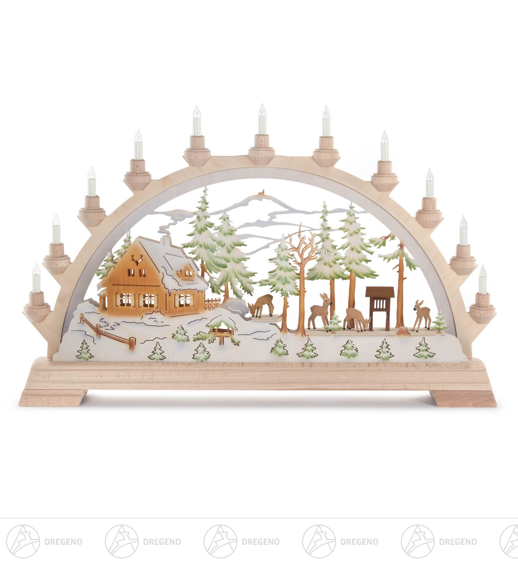 Schwibbogen mit Forsthaus und Rehen farbig, elektrisch beleuchtet 40x63cm