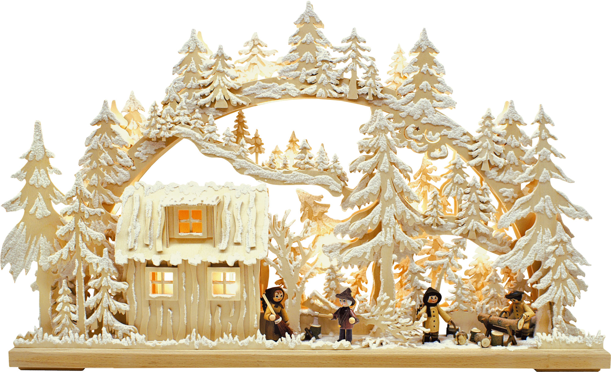 3D-Schwibbogen, mittelgroß, Blockhütte mit Waldarbeitern, Raureif