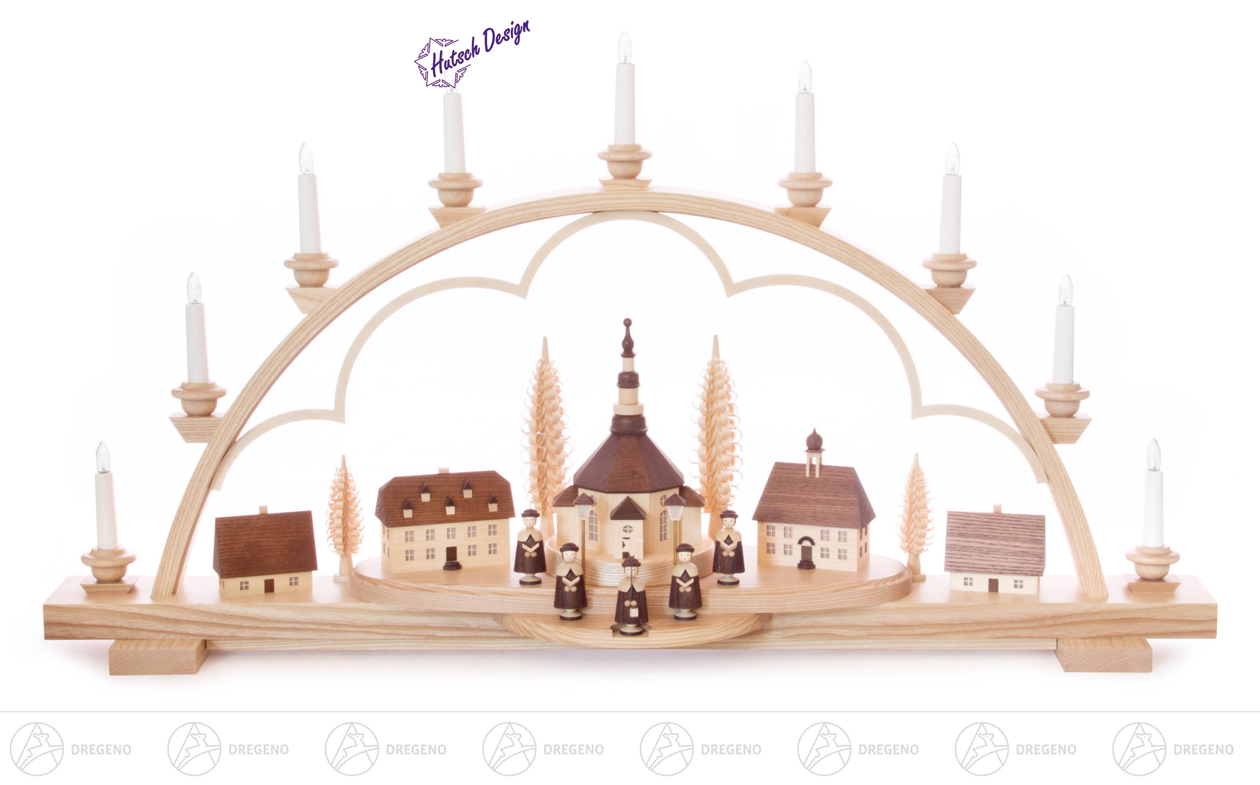 Schwibbogen mit Seiffener Dorf und Kurrende, elektrisch beleuchtet, innenbeleuchtete Gebäude und Laternen 58x103cm