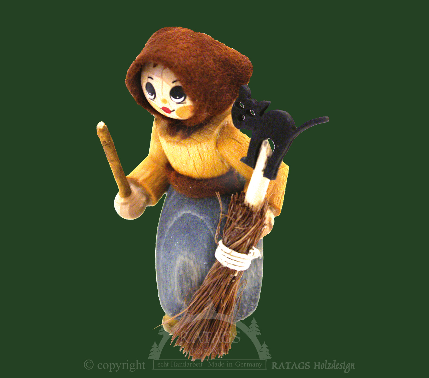 Figur, Hexe mit Stock und Katze