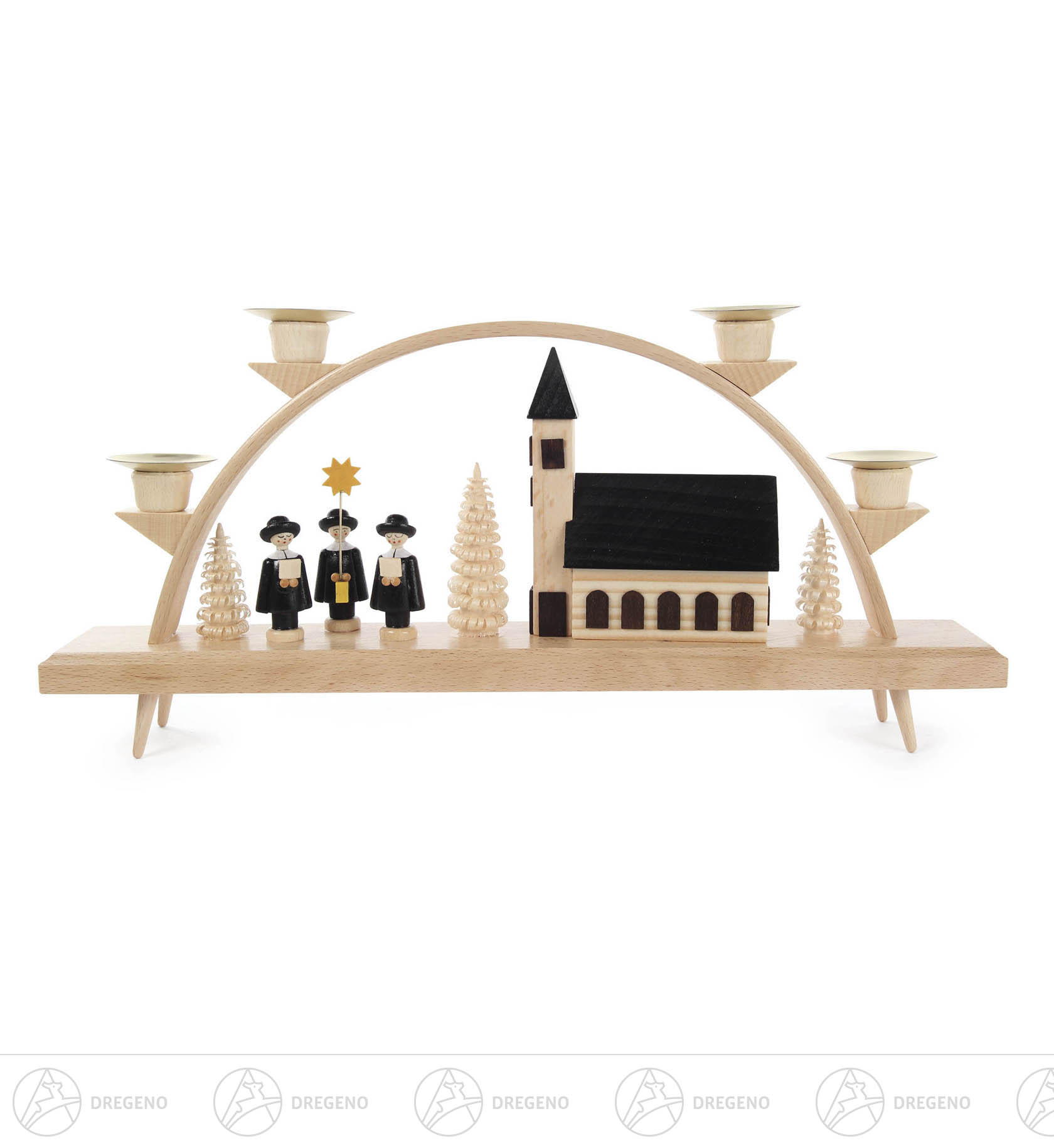 Schwibbogen mit Kirche und Kurrende, für Kerzen d14mm 16x35cm
