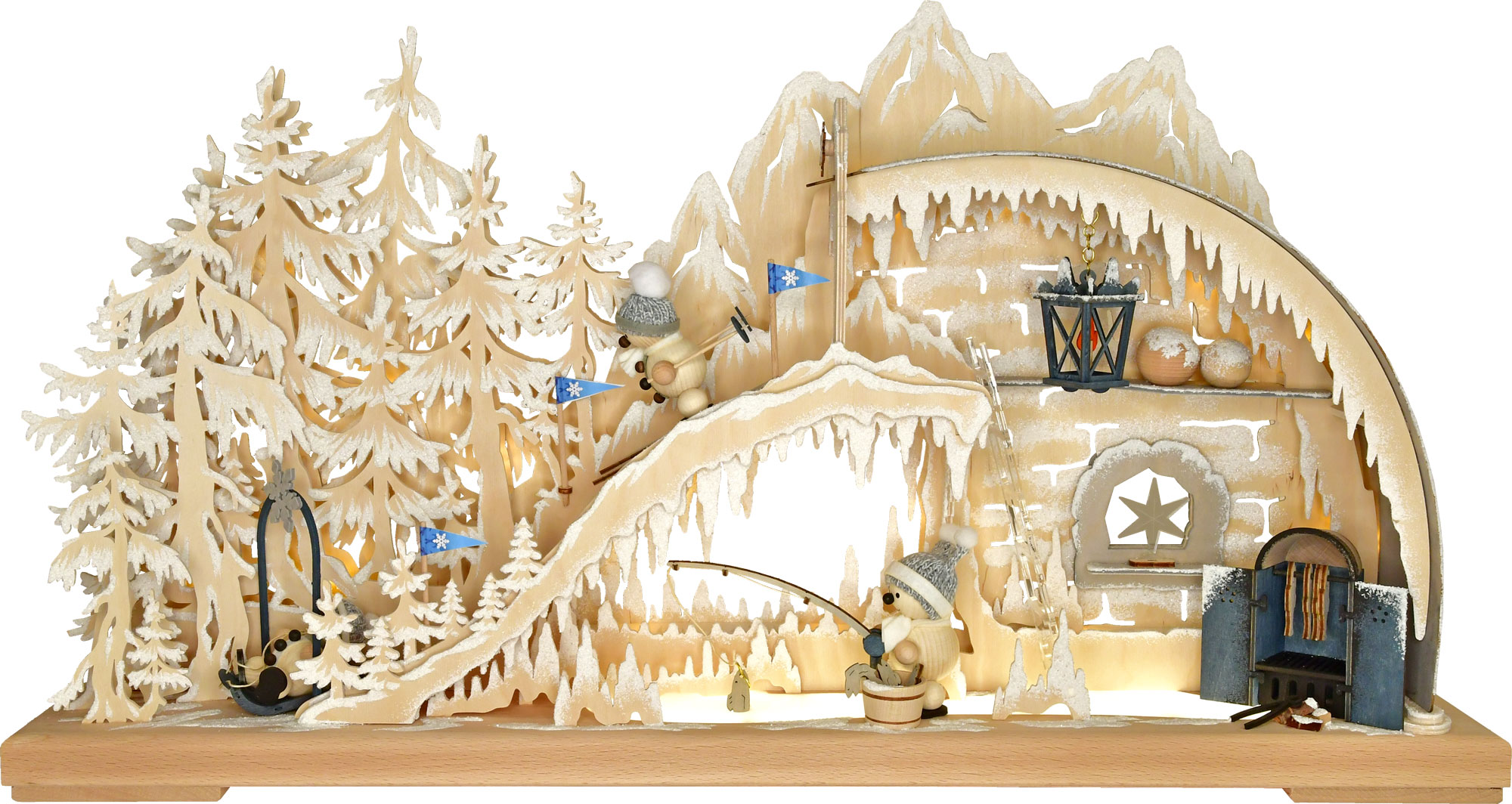 3D-Schwibbogen gr., Iglu, rot Mützen Schneemänner rot Mützen, Raureif